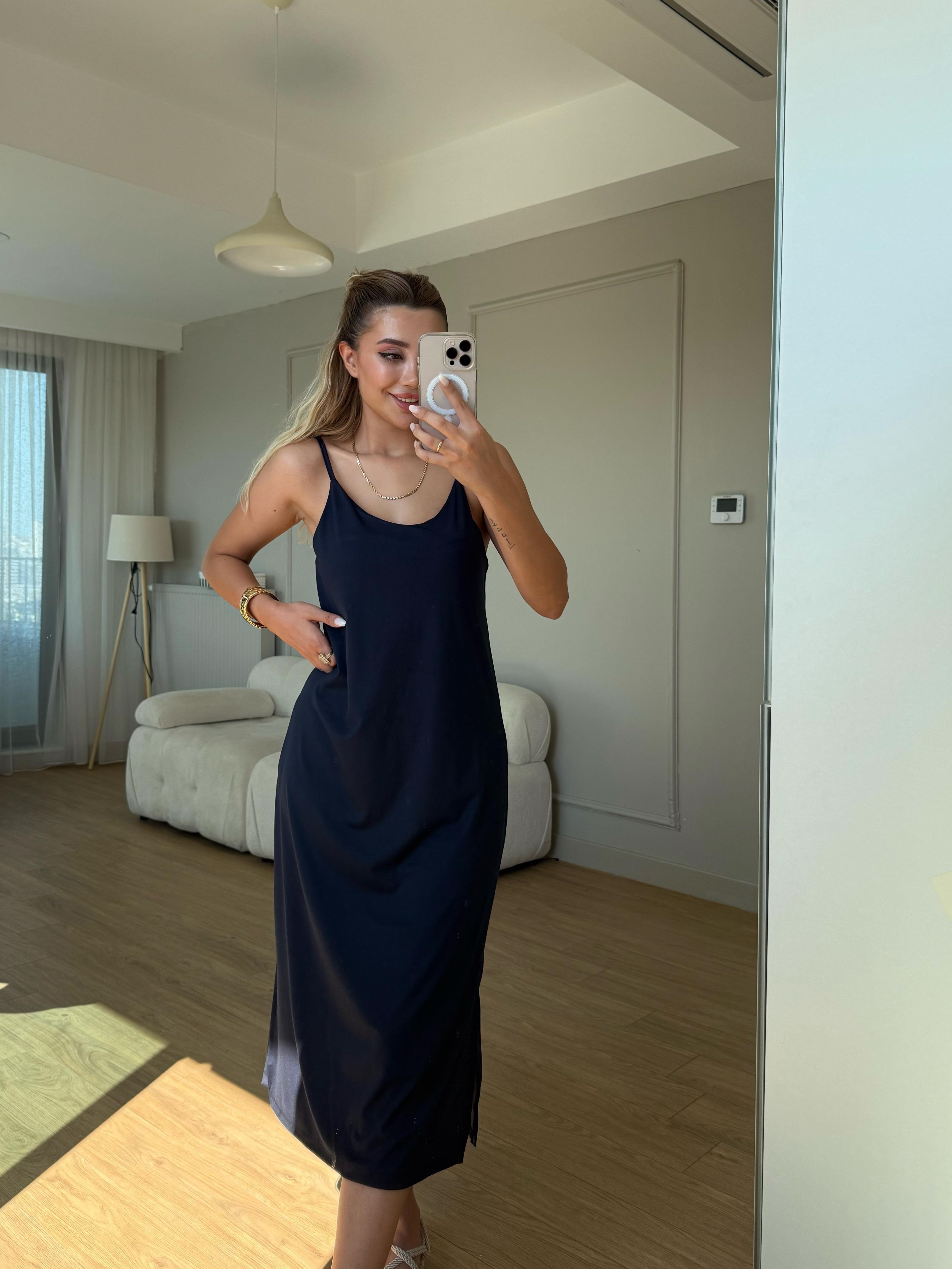 İnce askılı uzun Modal elbise lacivert