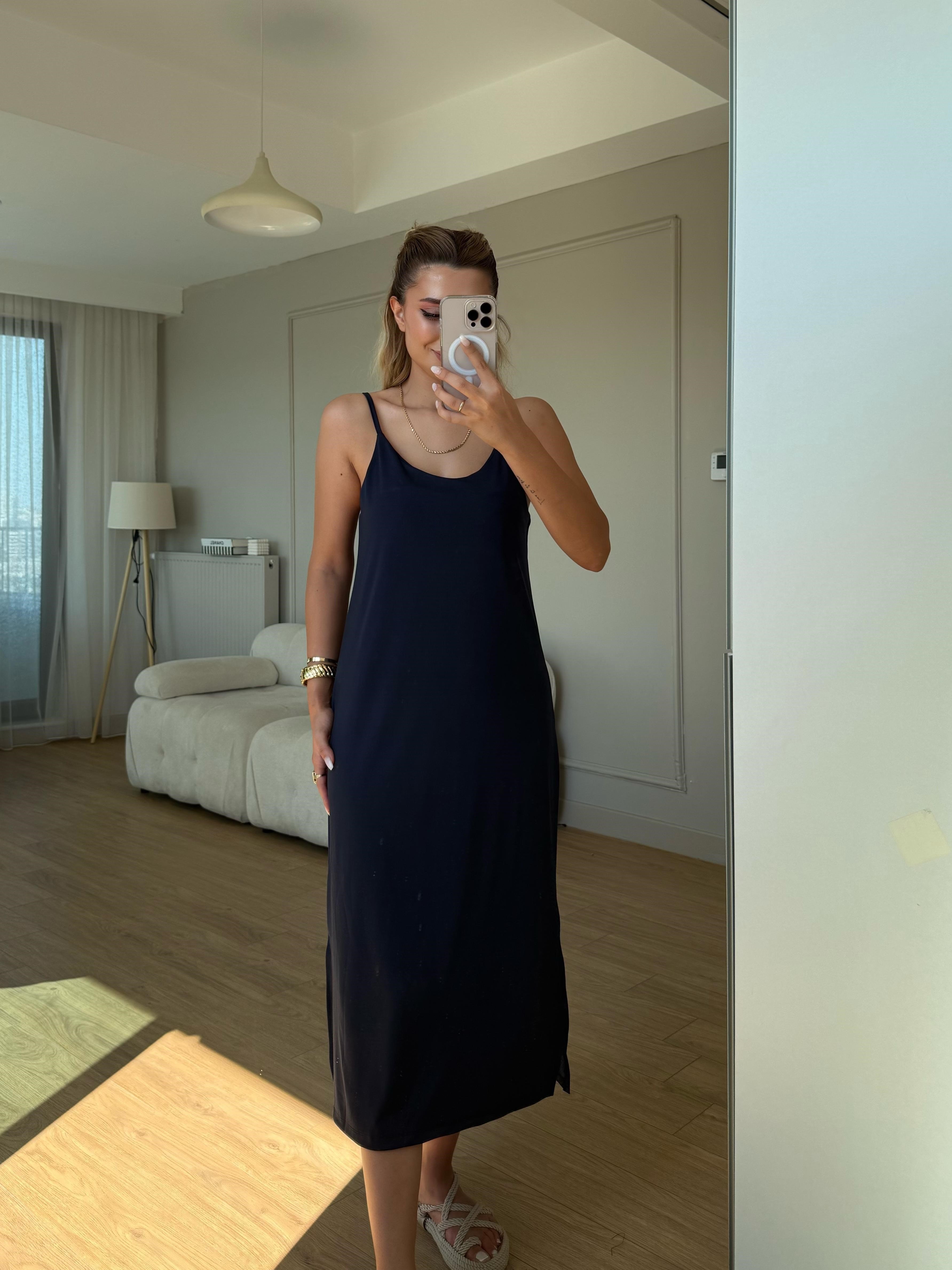 İnce askılı uzun Modal elbise lacivert