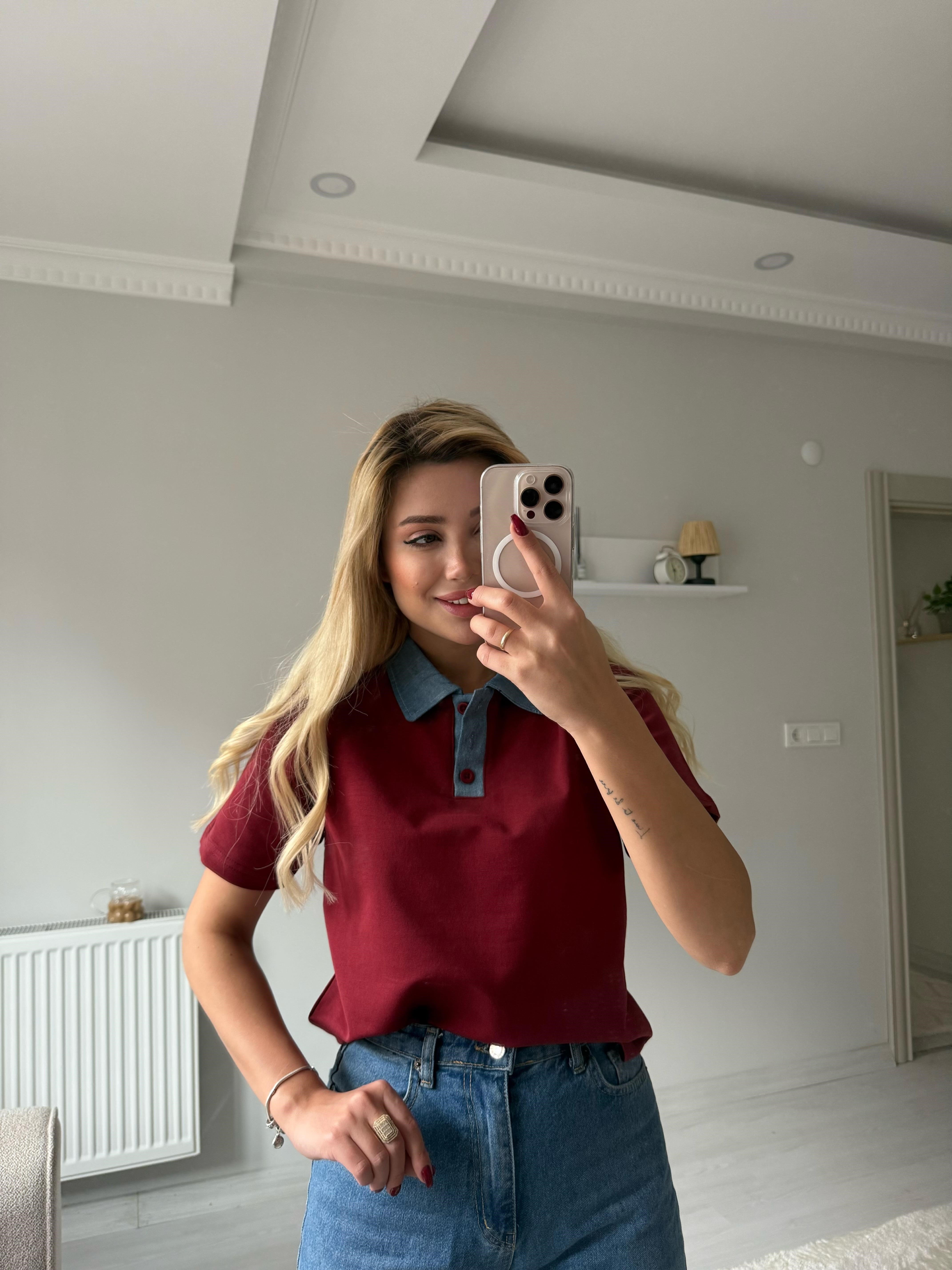 Kot yaka tişört bordo