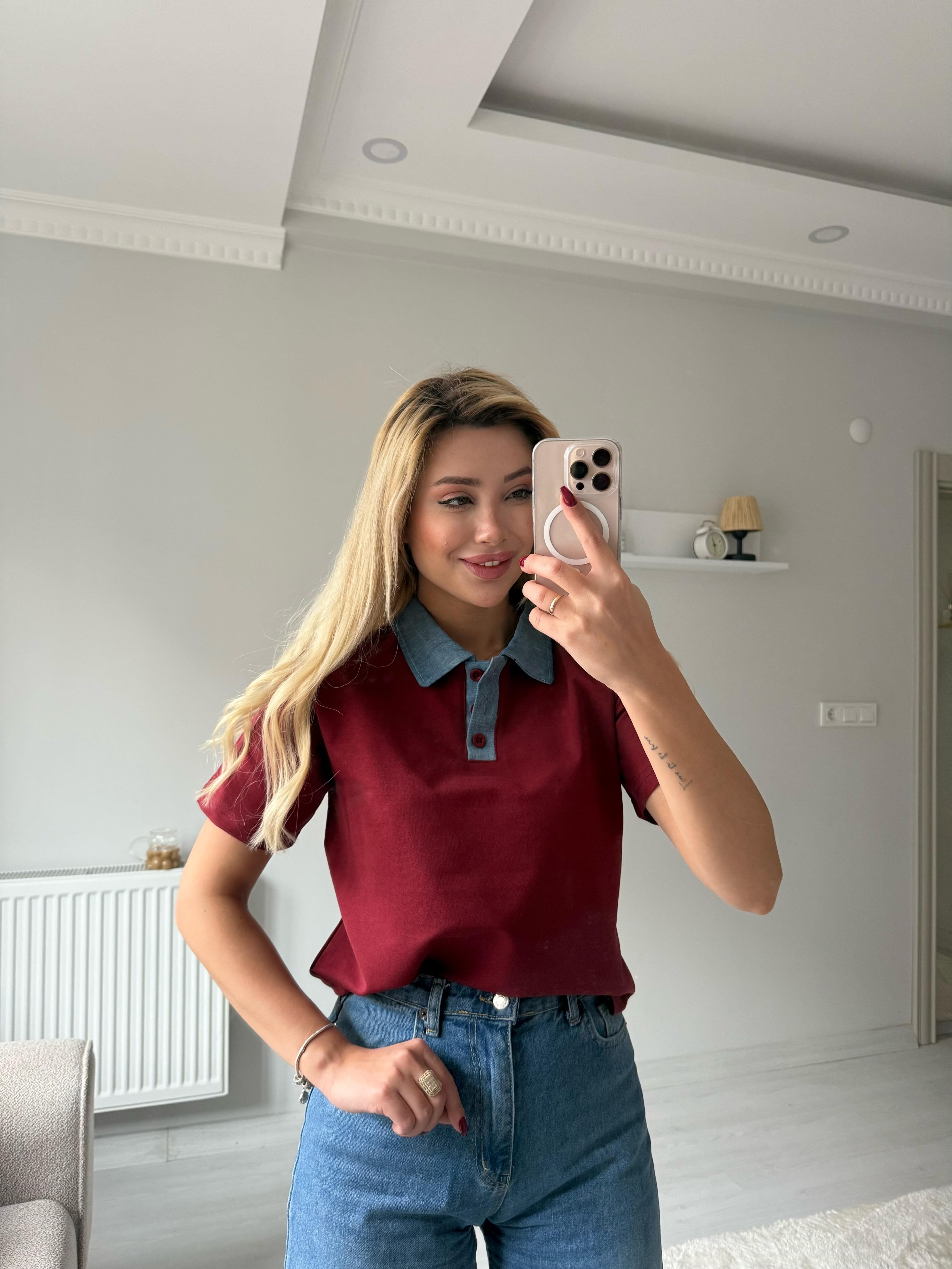 Kot yaka tişört bordo