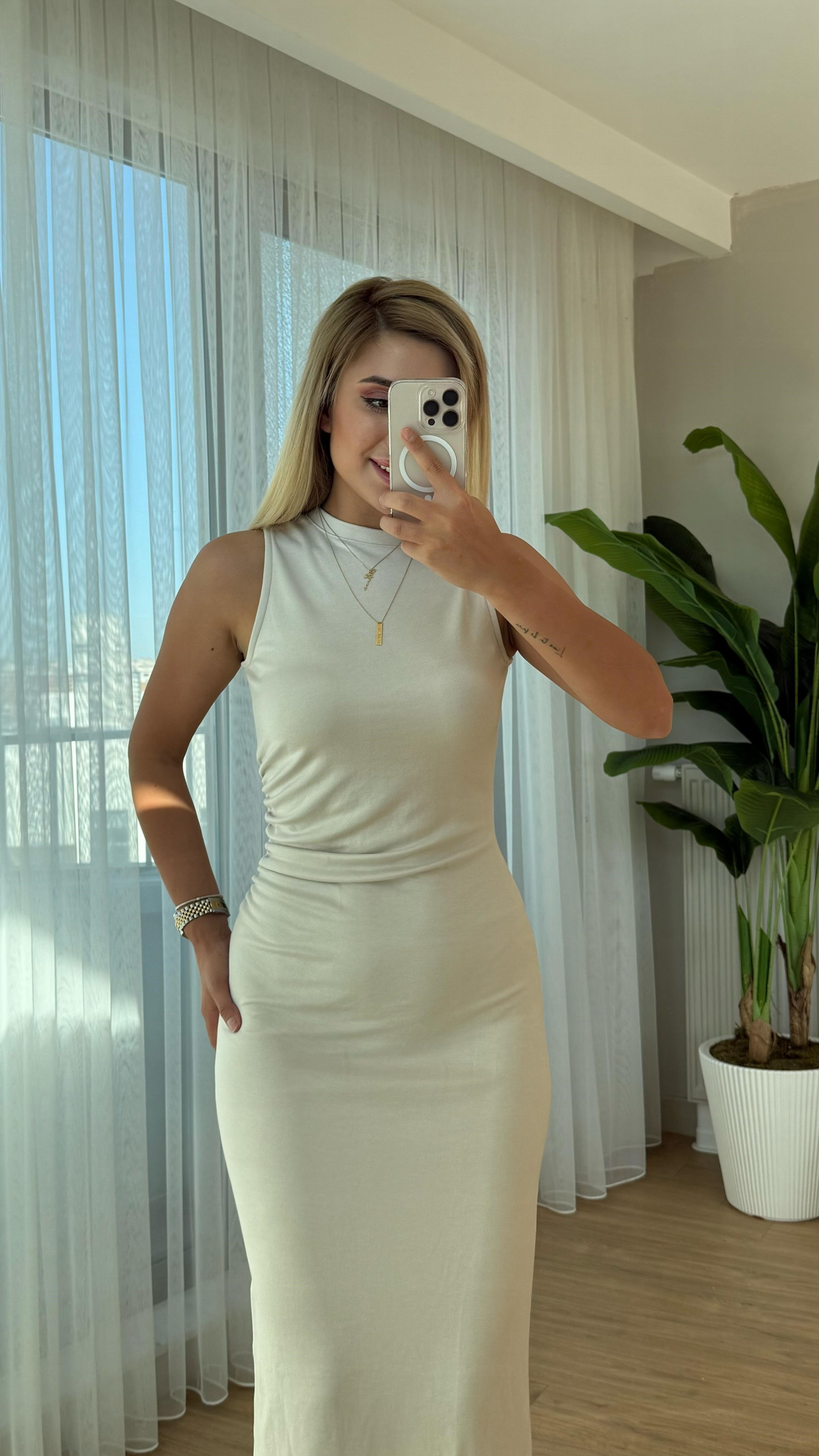 Modal büzgülü elbise krem
