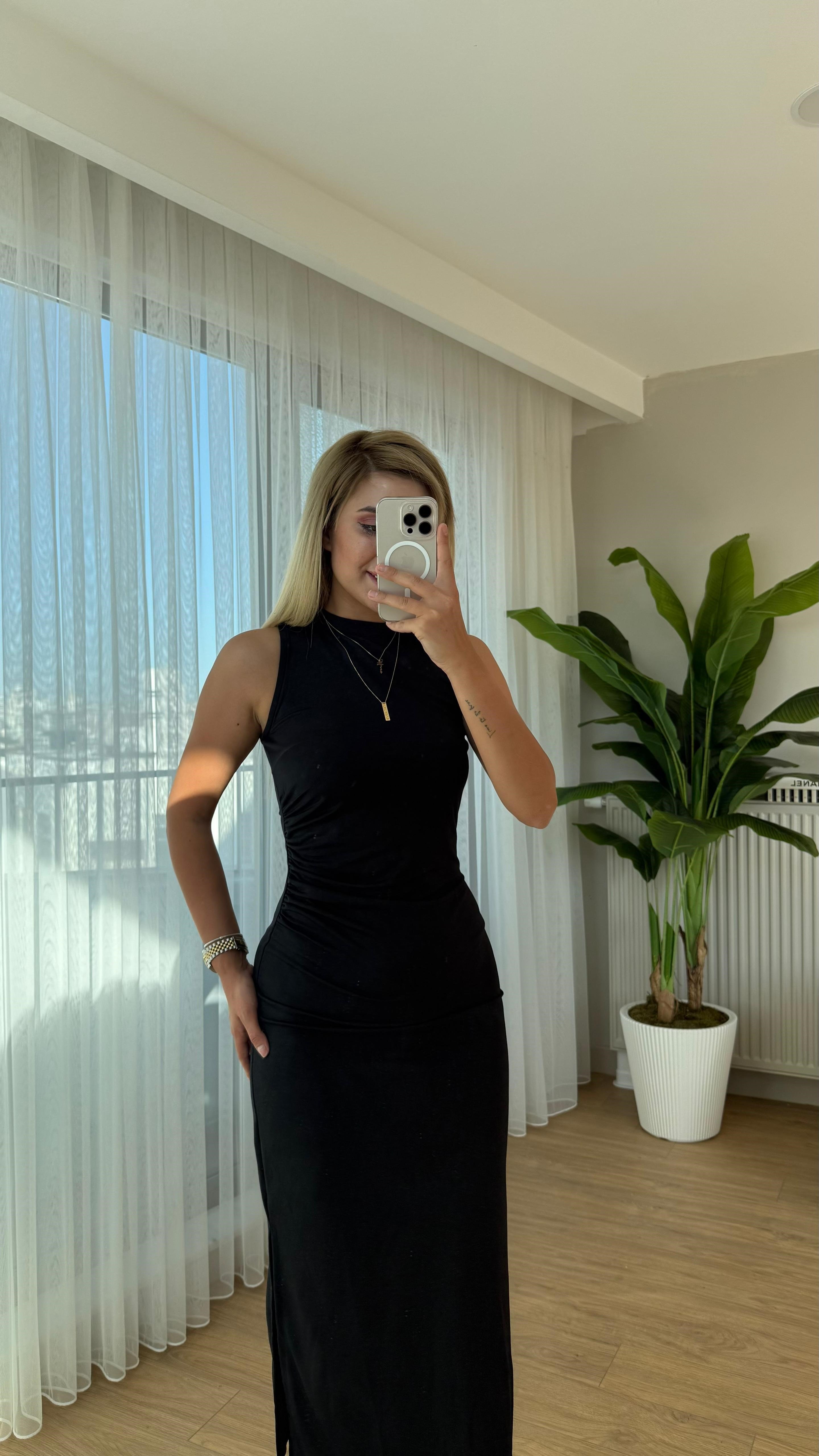 Modal büzgülü elbise siyah