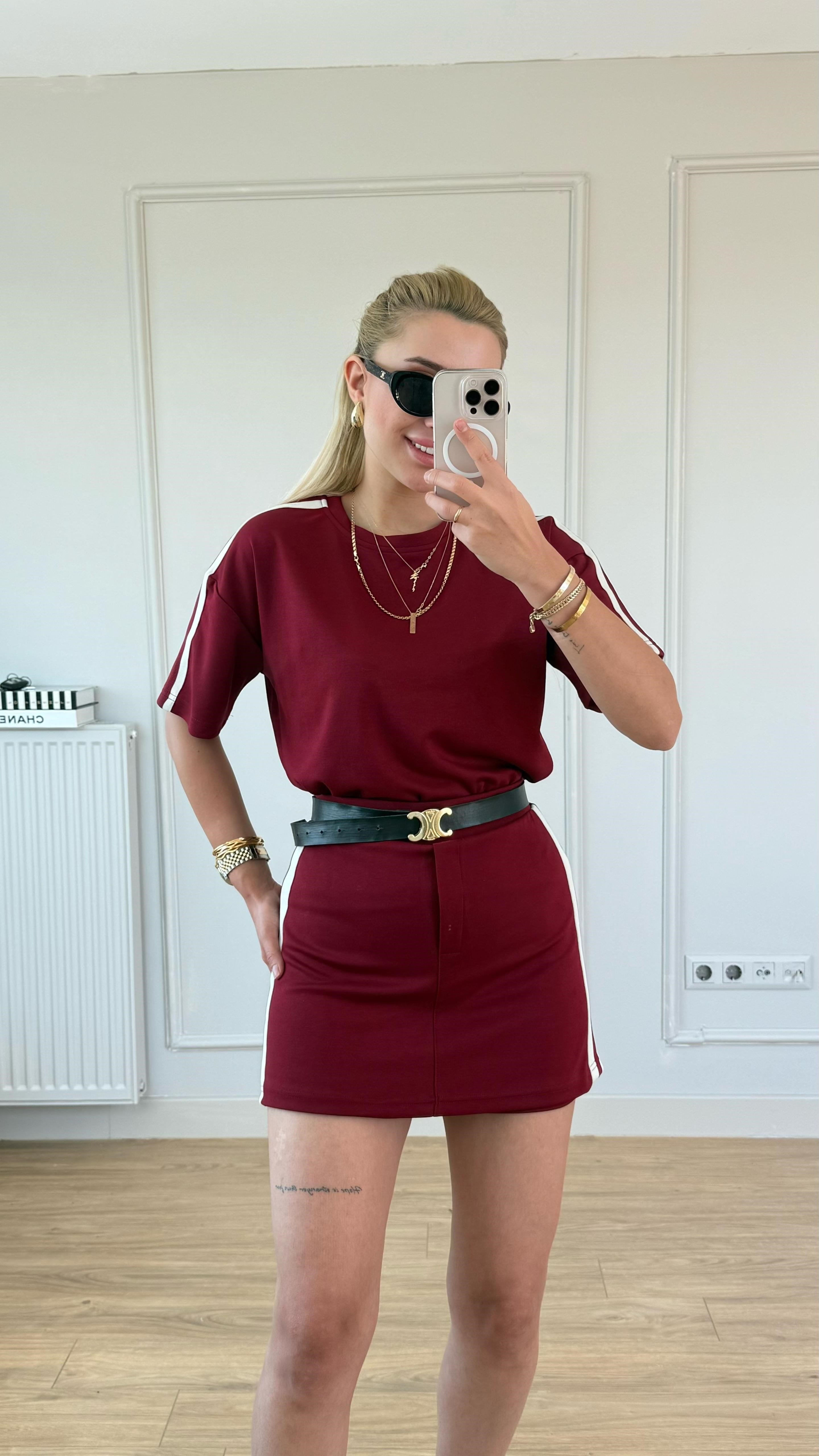 Modal şort etek takım bordo