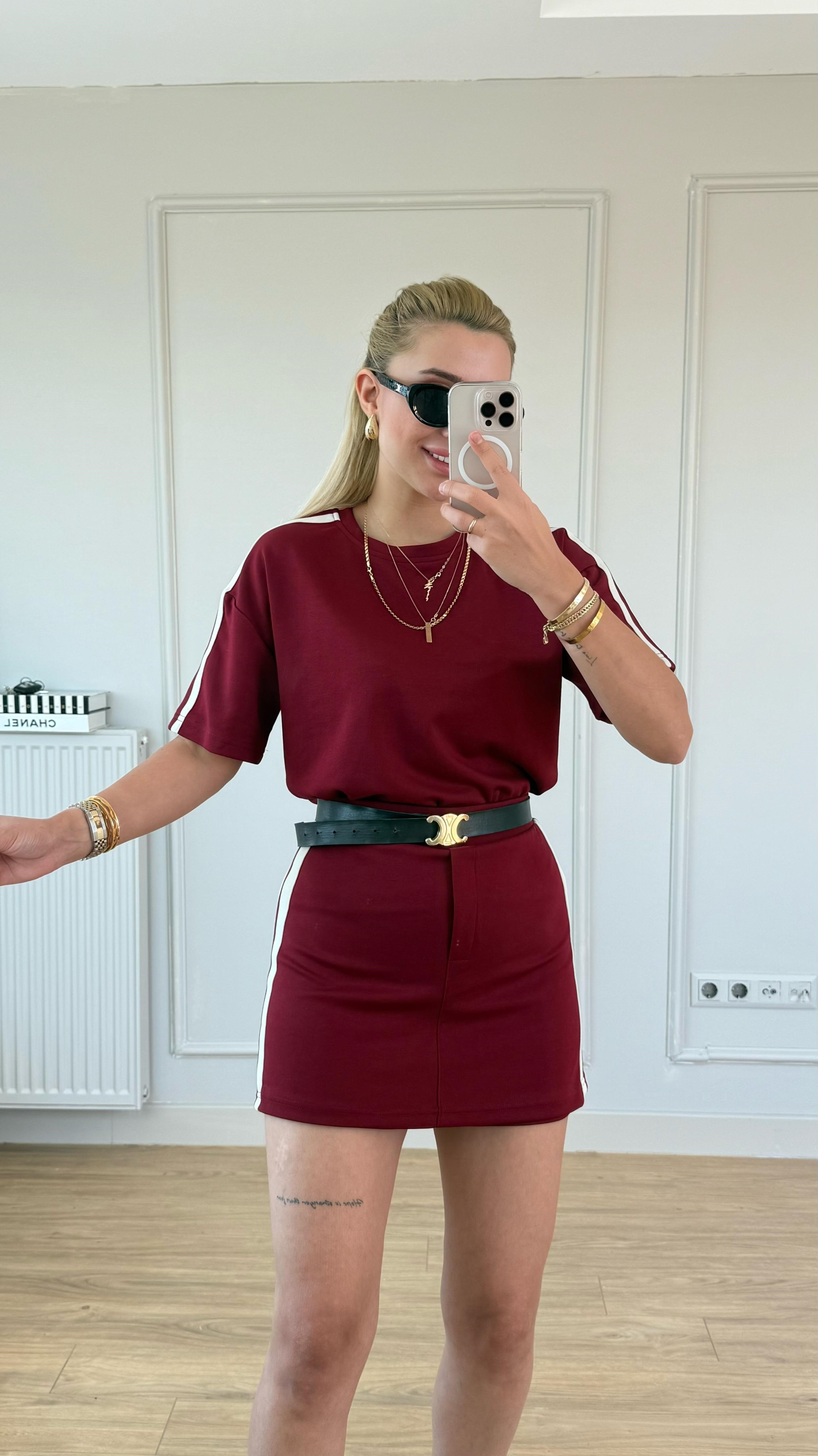 Modal şort etek takım bordo