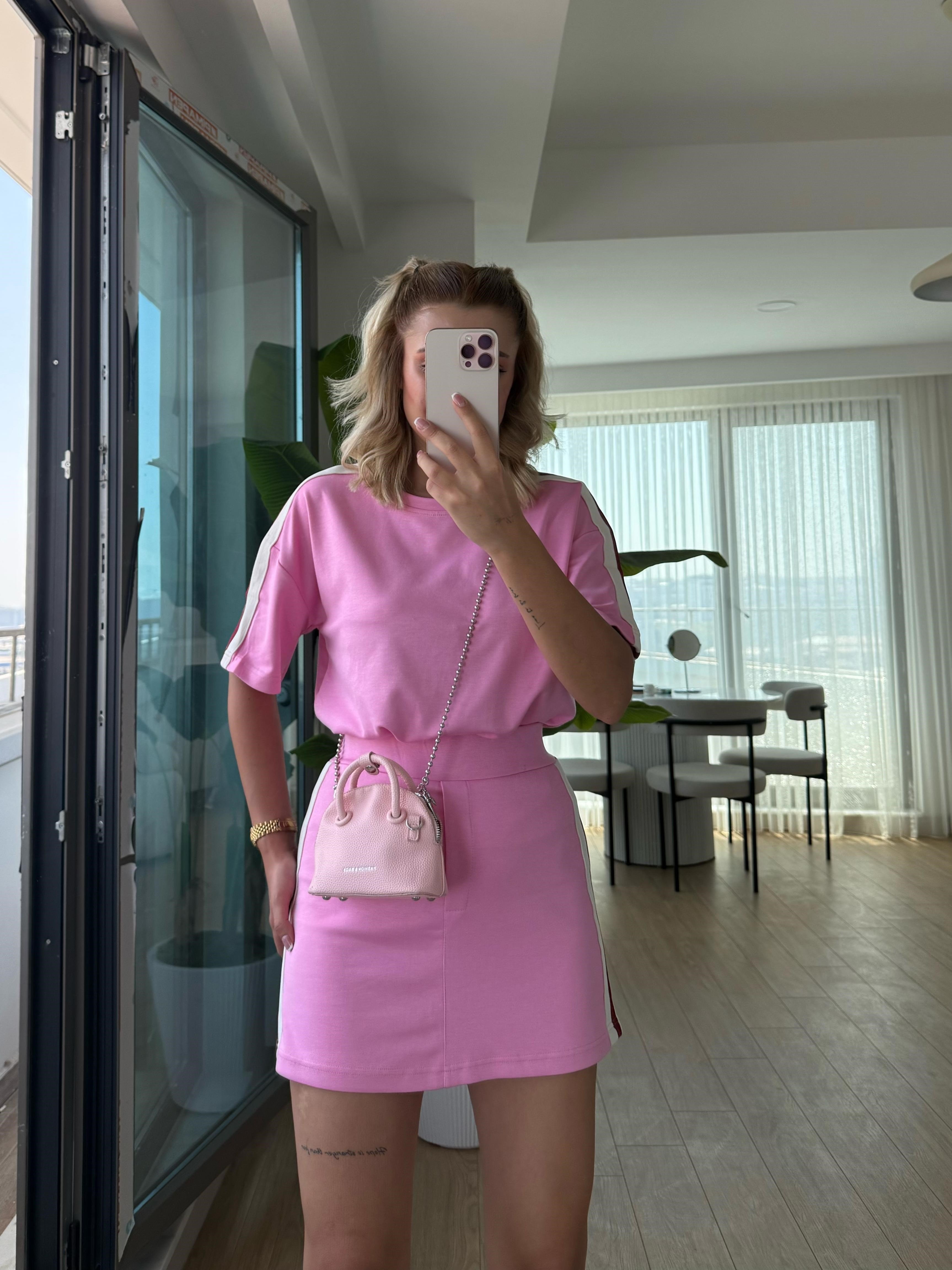 Modal şort etek takım pembe