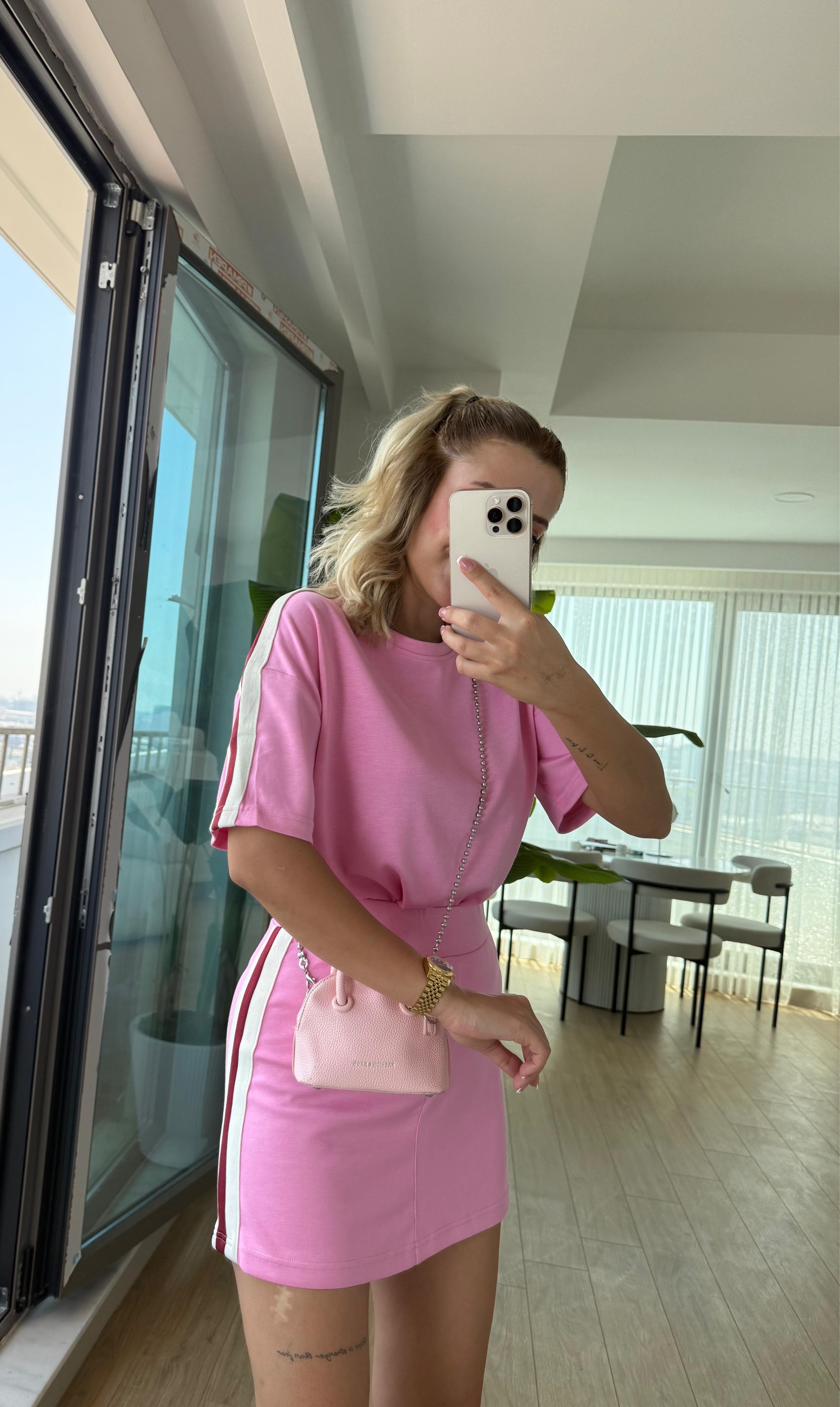 Modal şort etek takım pembe