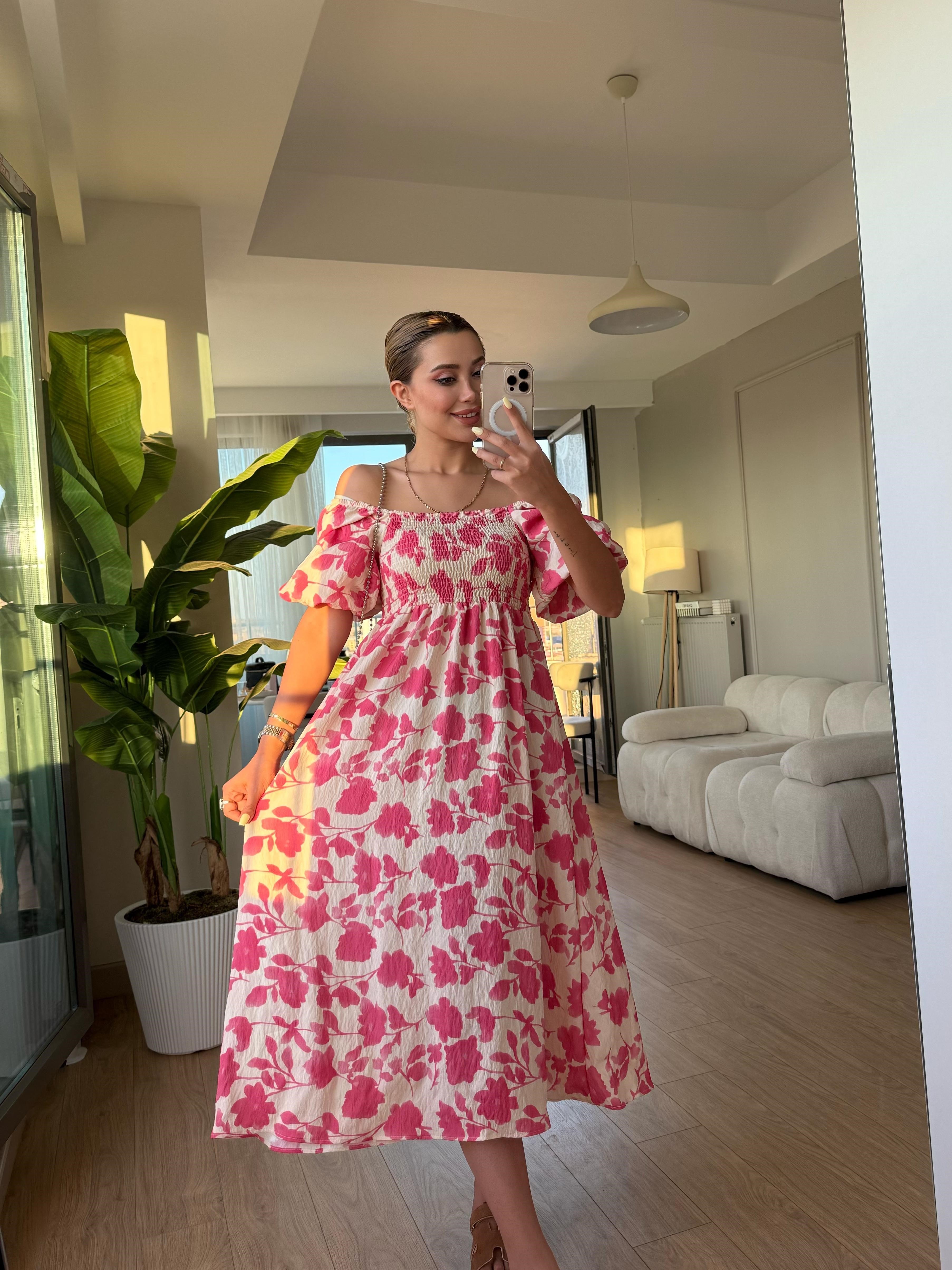 Omuz elbise pembe