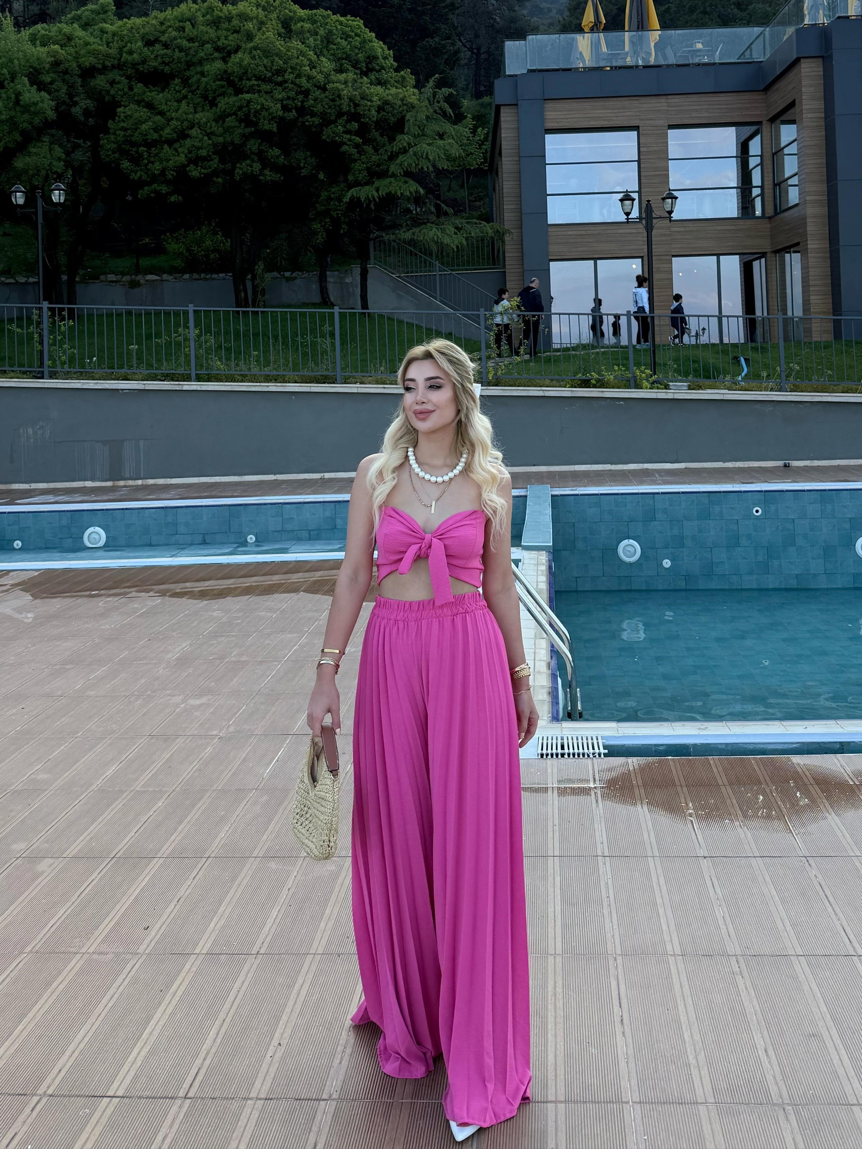 Piliseli pantolon takım pembe