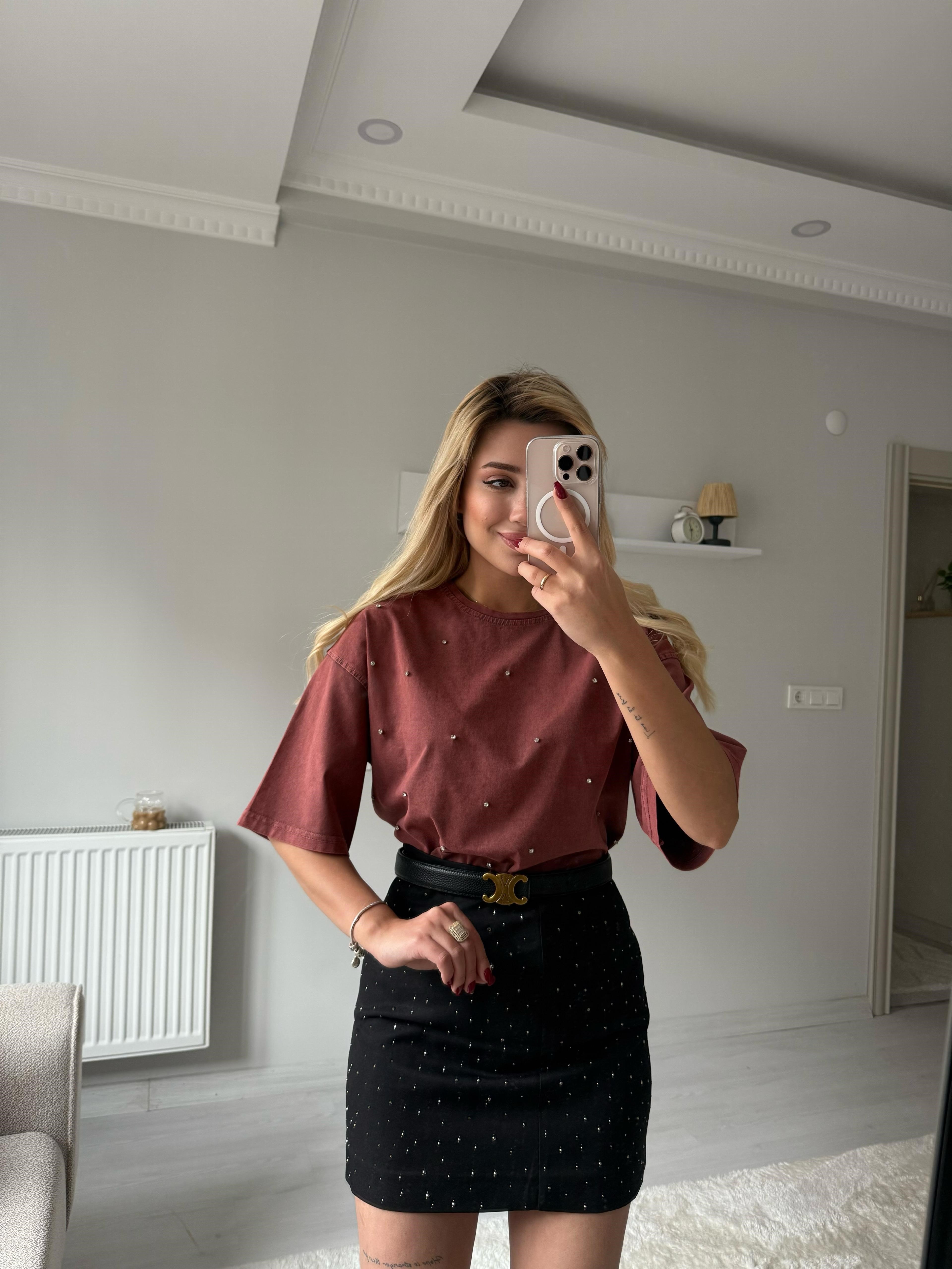Taşlı Basic tişört bordo