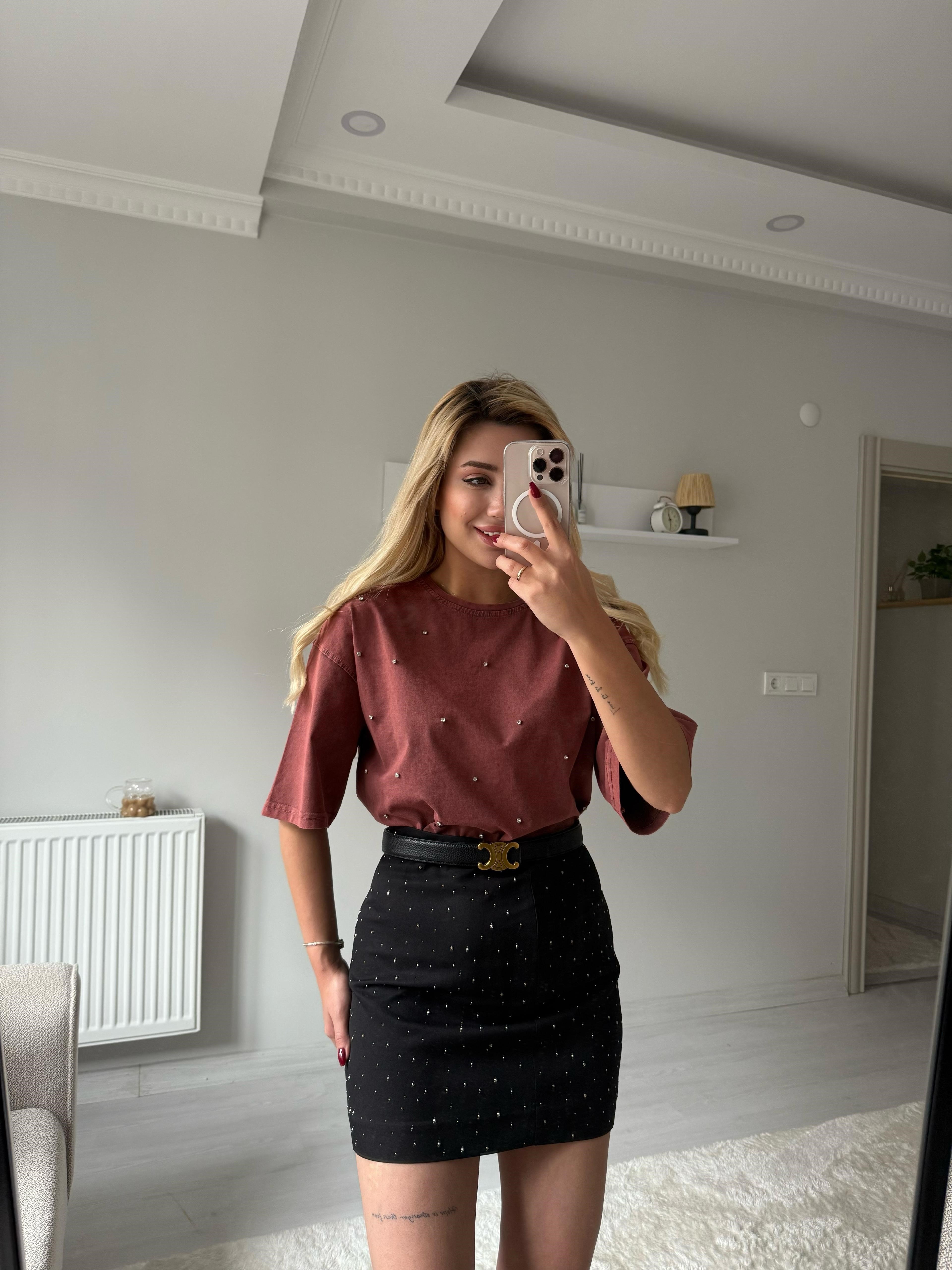 Taşlı Basic tişört bordo