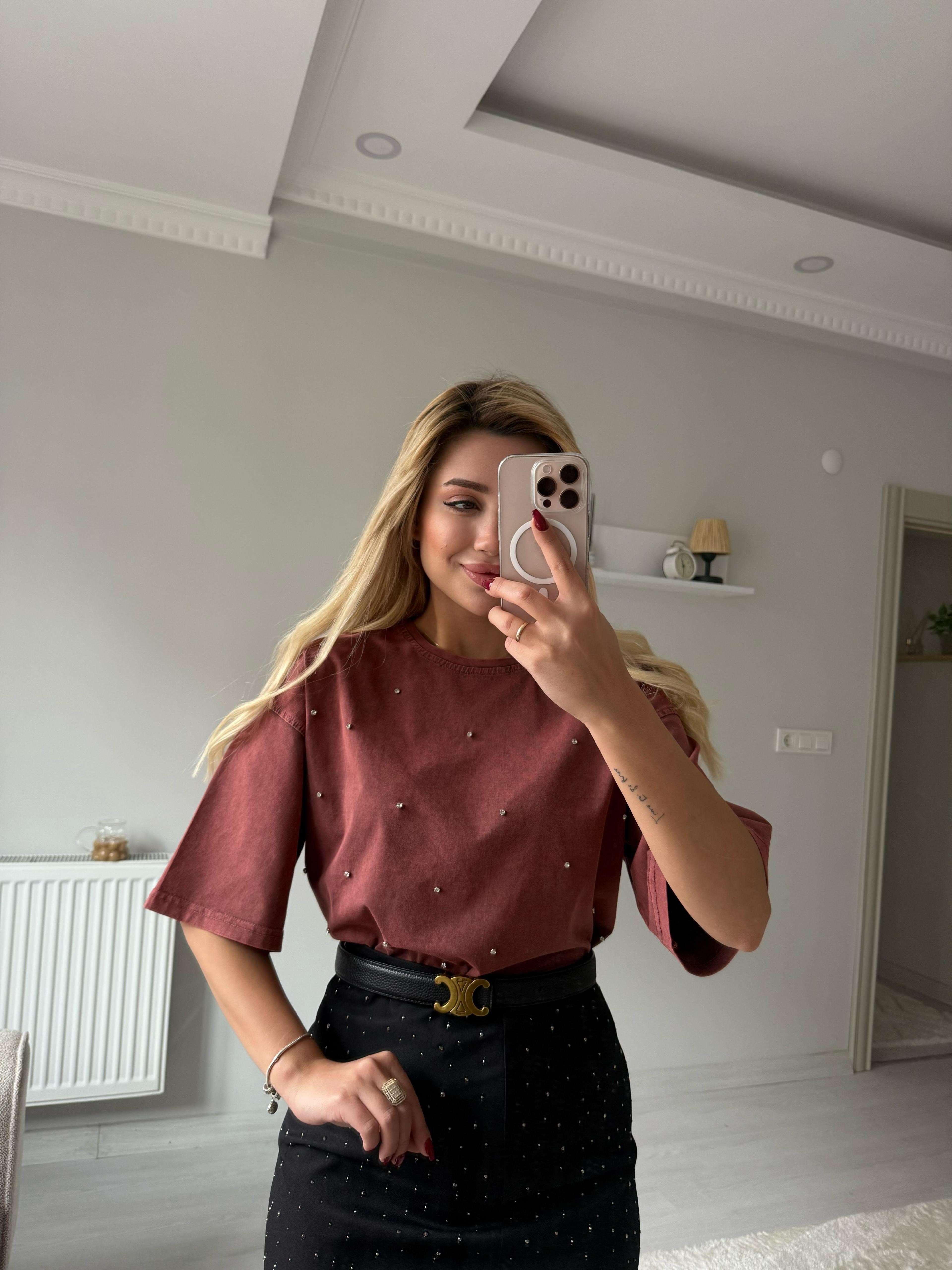 Taşlı Basic tişört bordo