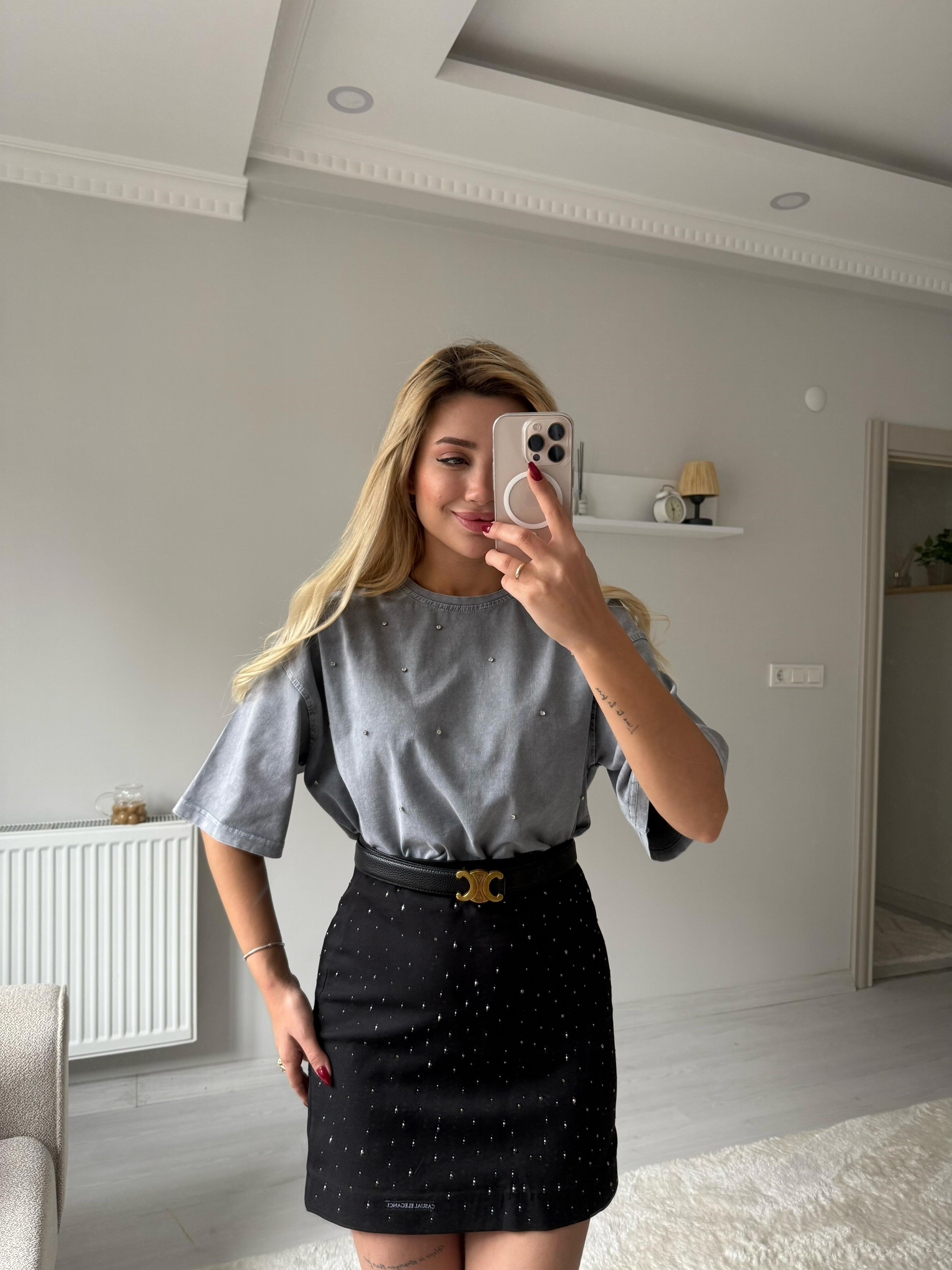 Taşlı Basic tişört gri