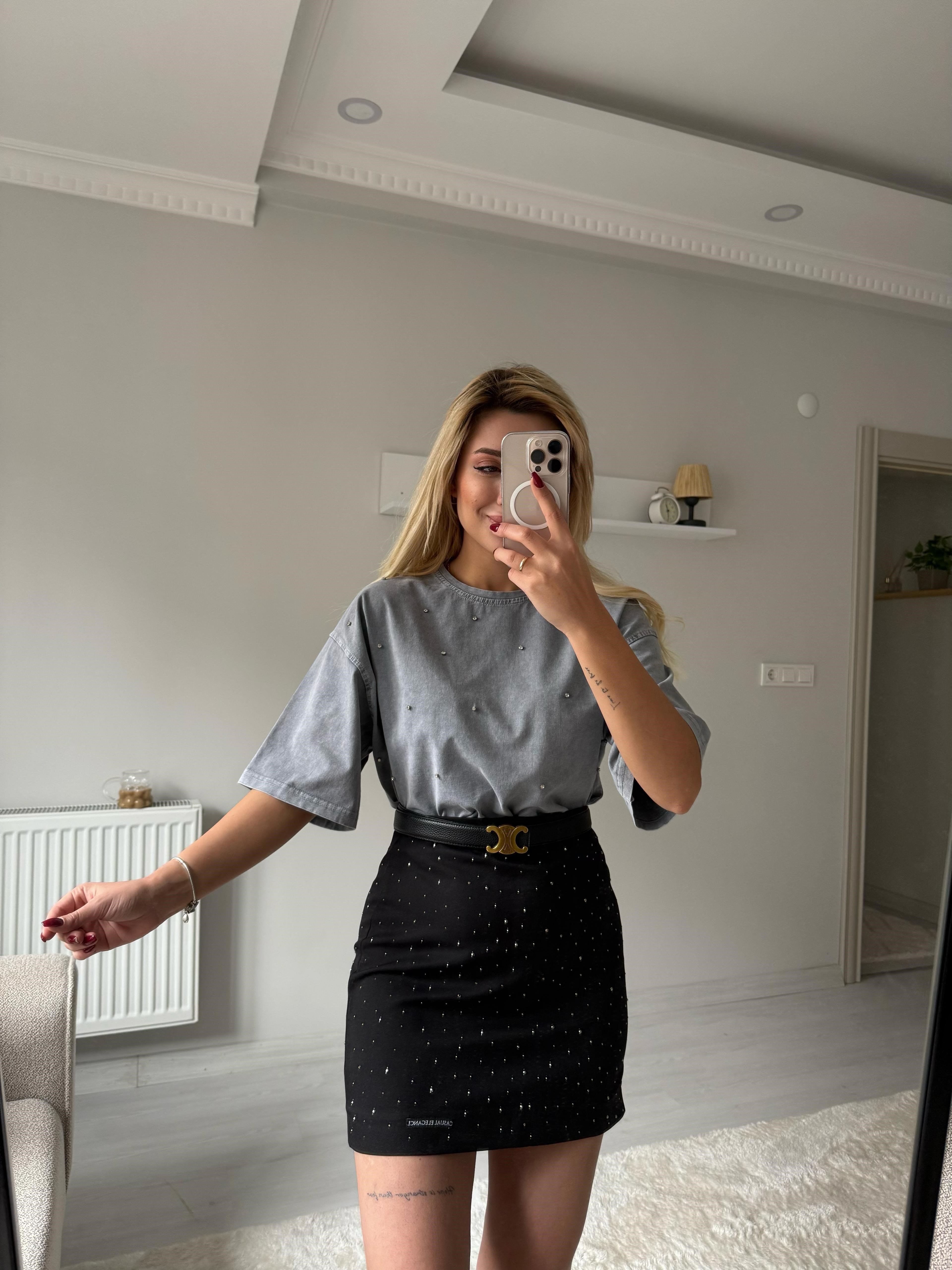 Taşlı Basic tişört gri