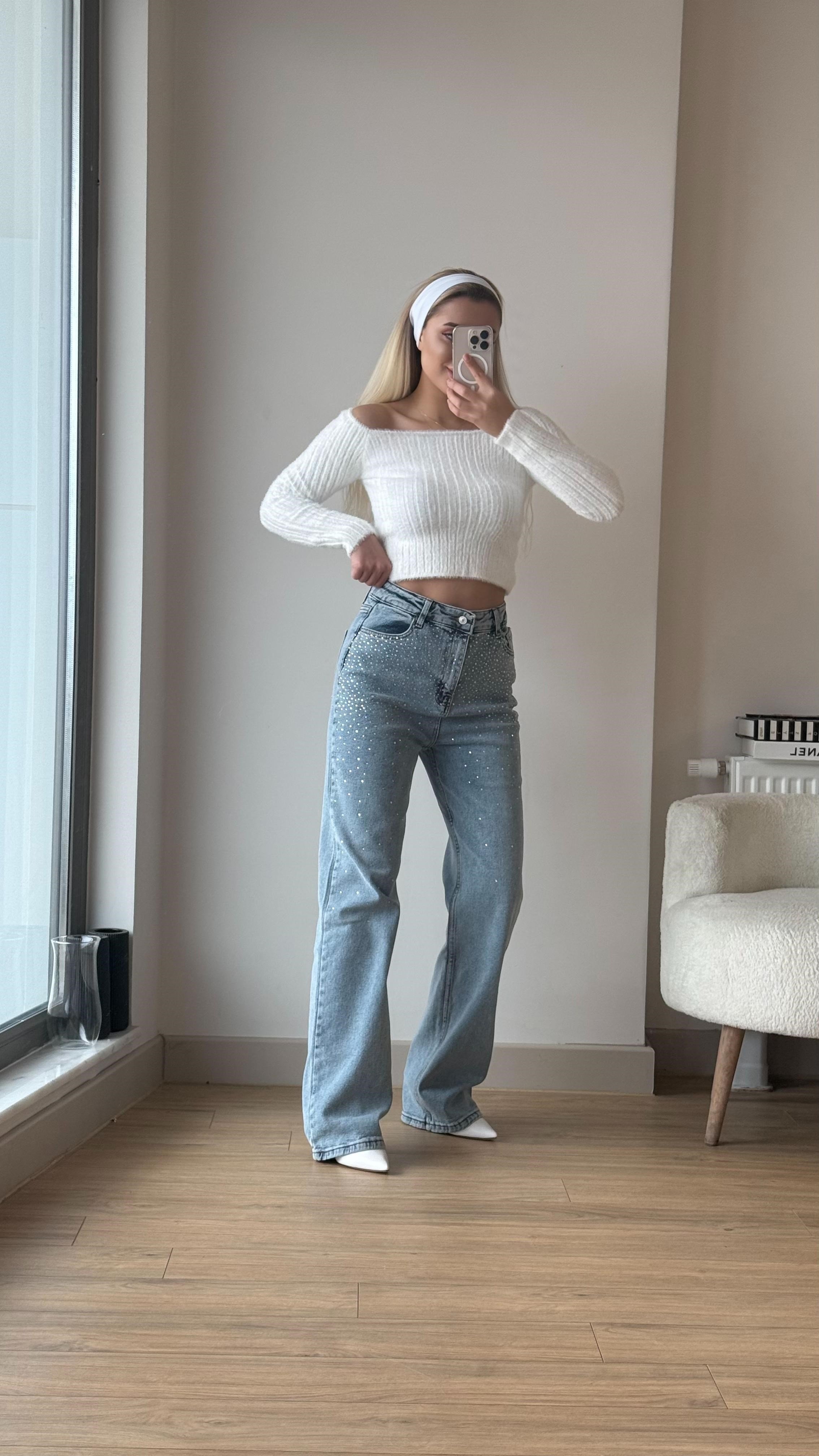 Taşlı jeans açık mavi