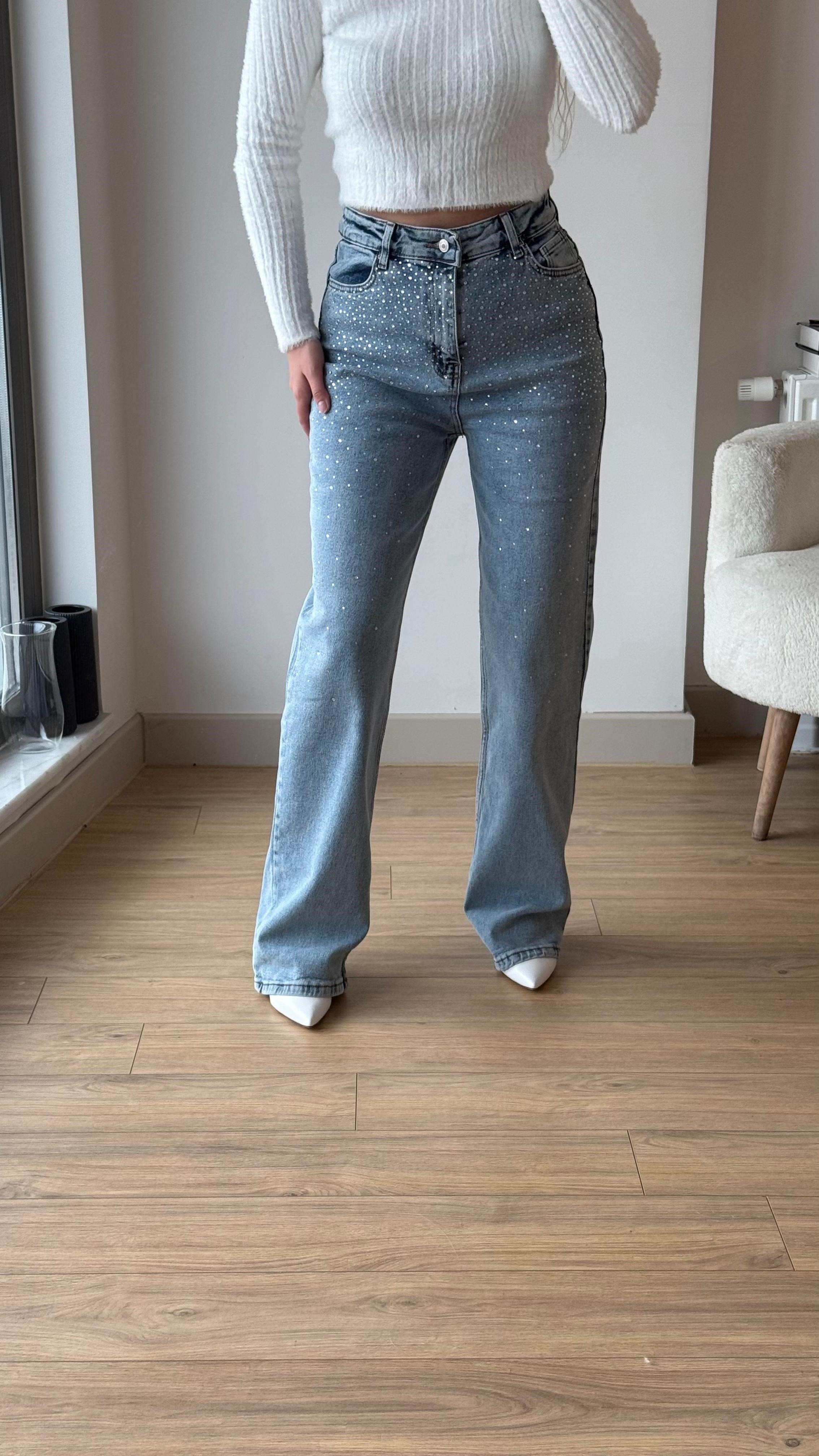 Taşlı jeans açık mavi