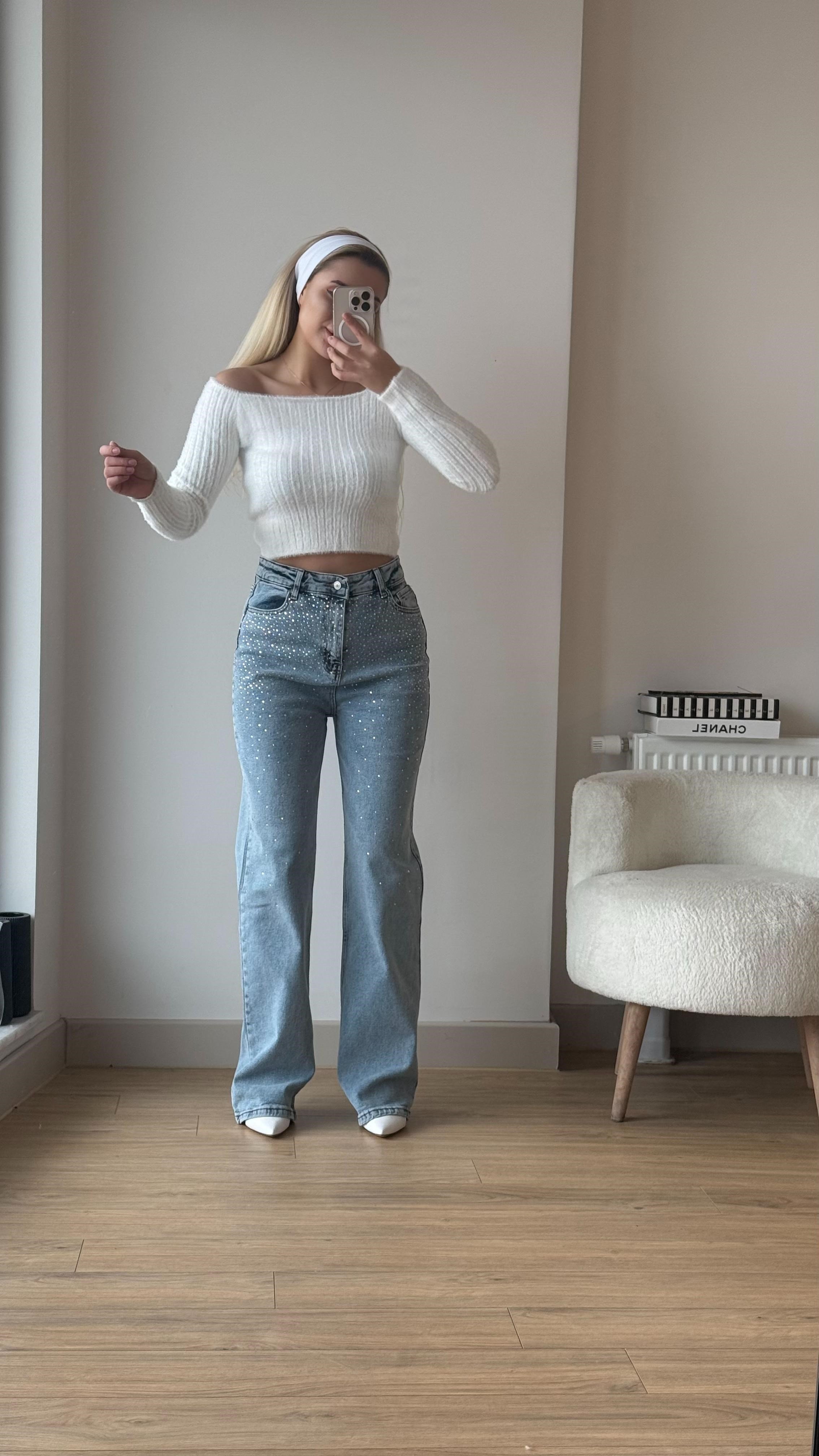 Taşlı jeans açık mavi