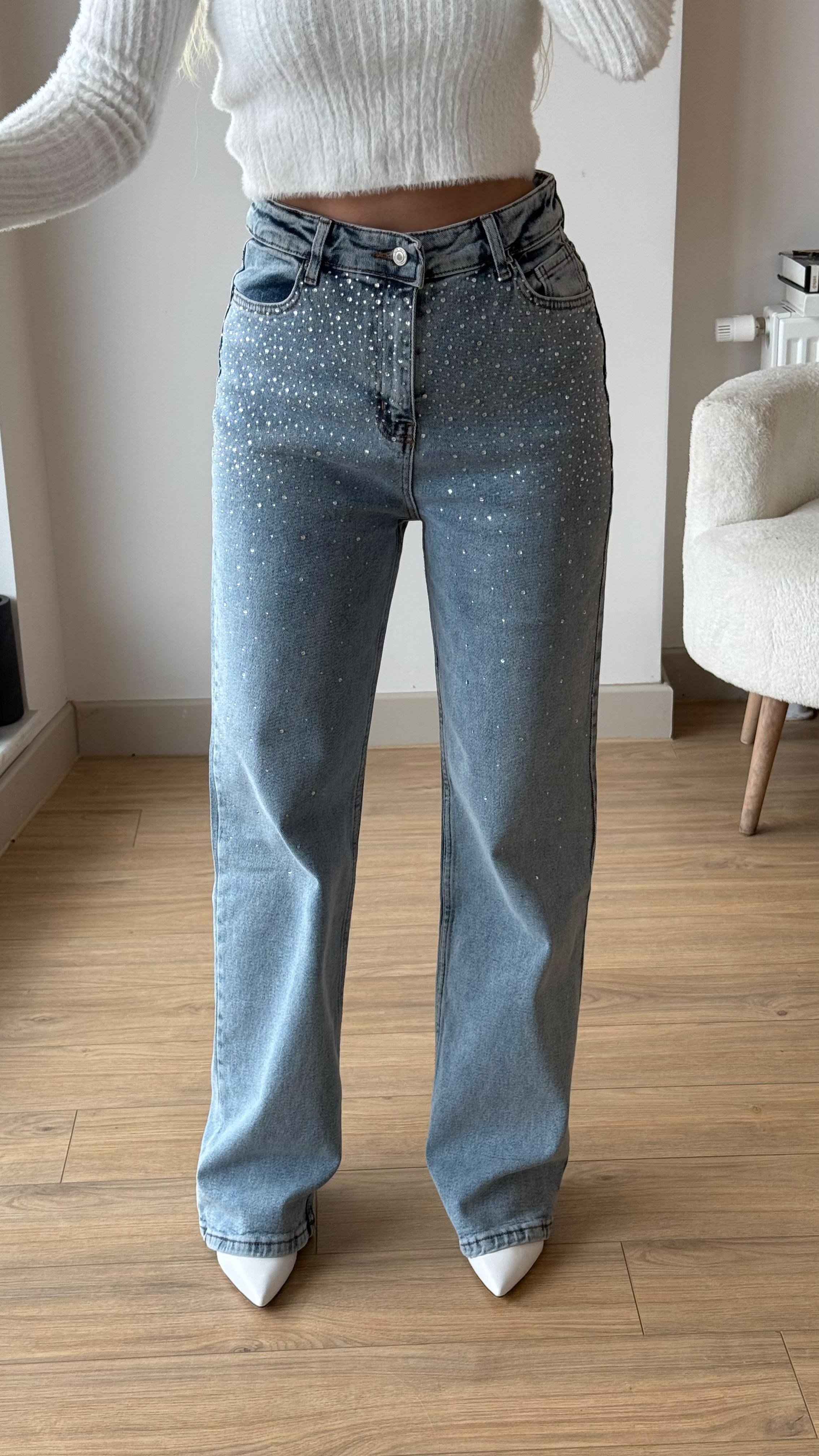 Taşlı jeans açık mavi