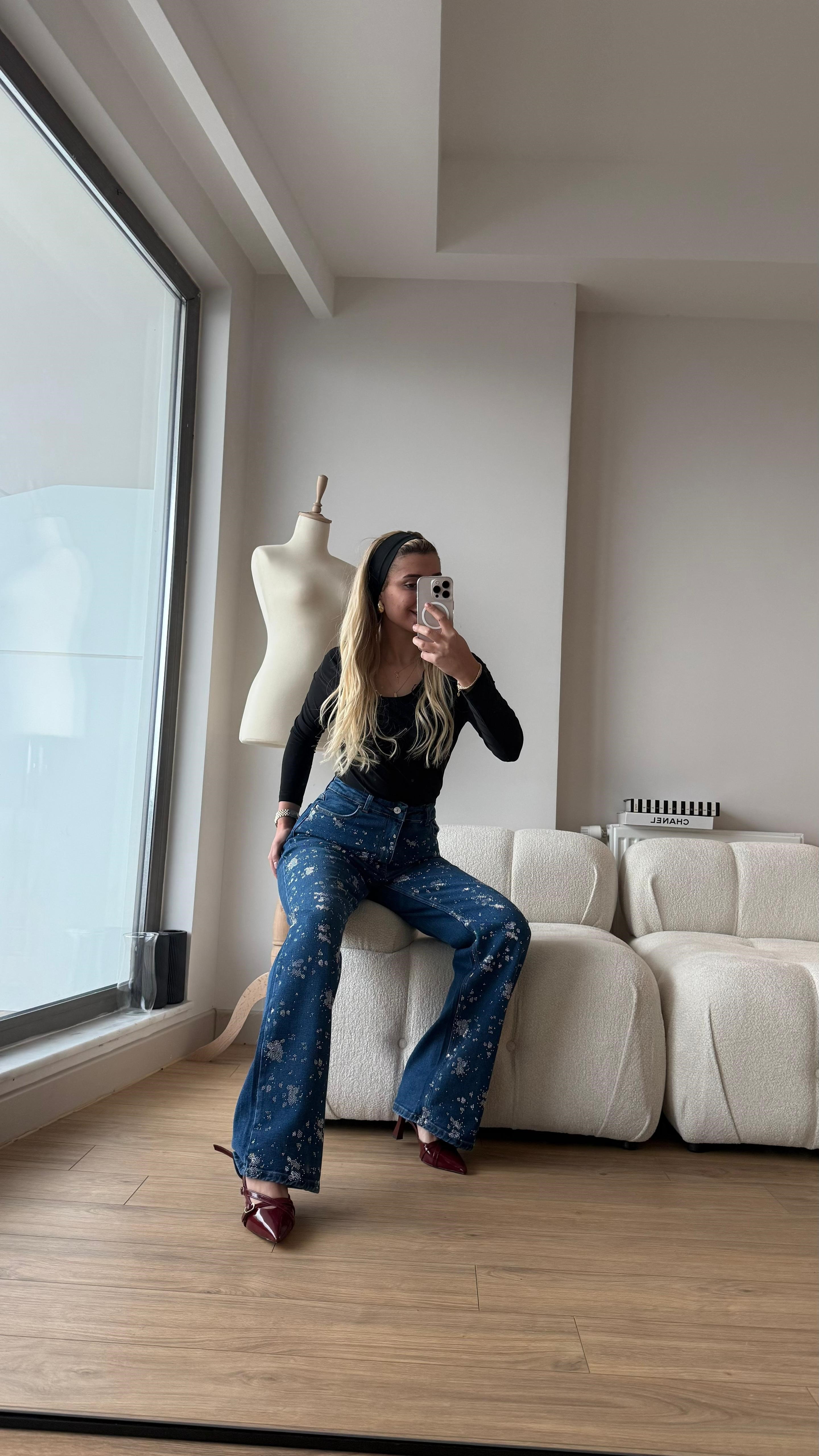 Taşlı jeans koyu mavi