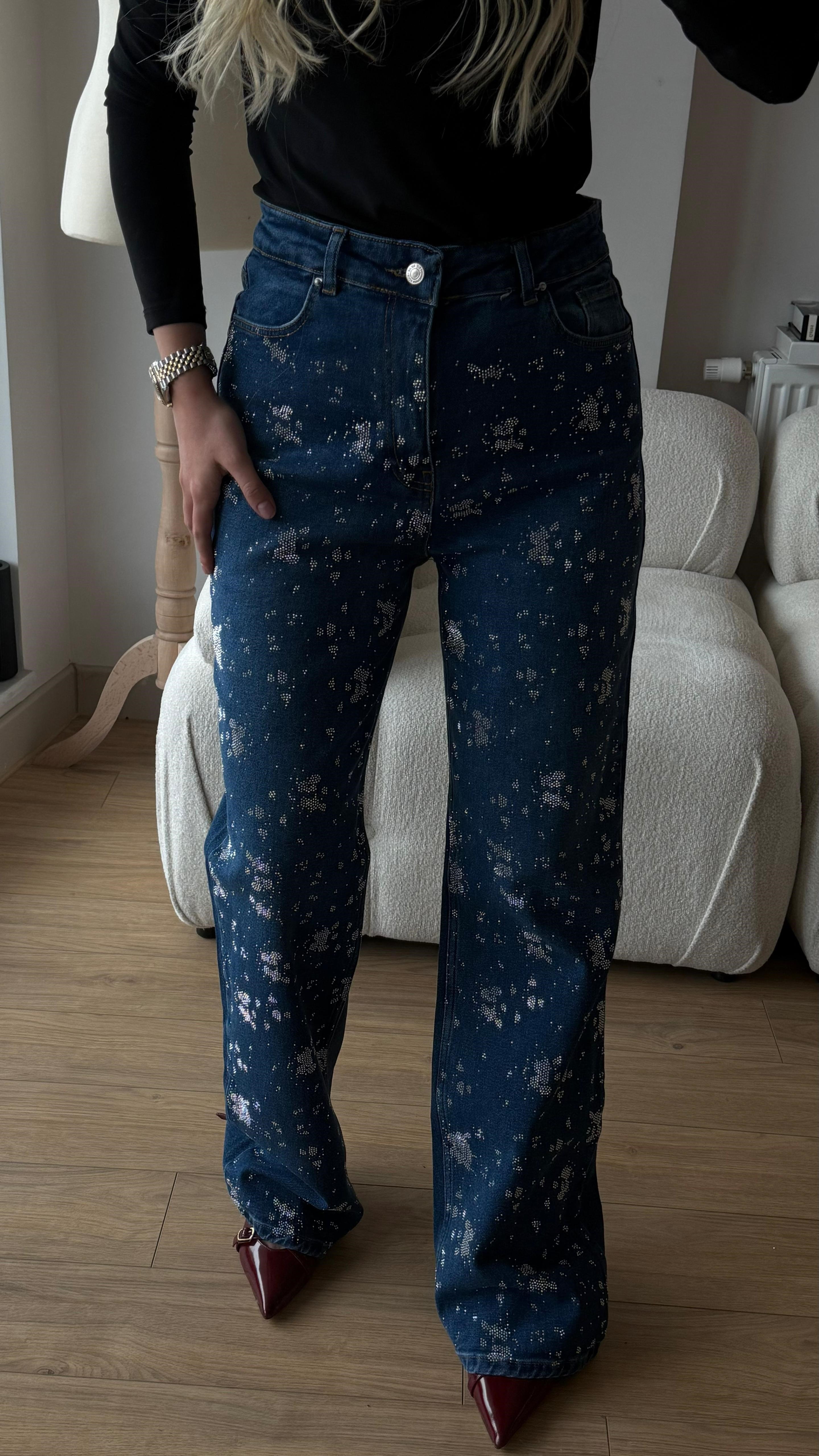 Taşlı jeans koyu mavi