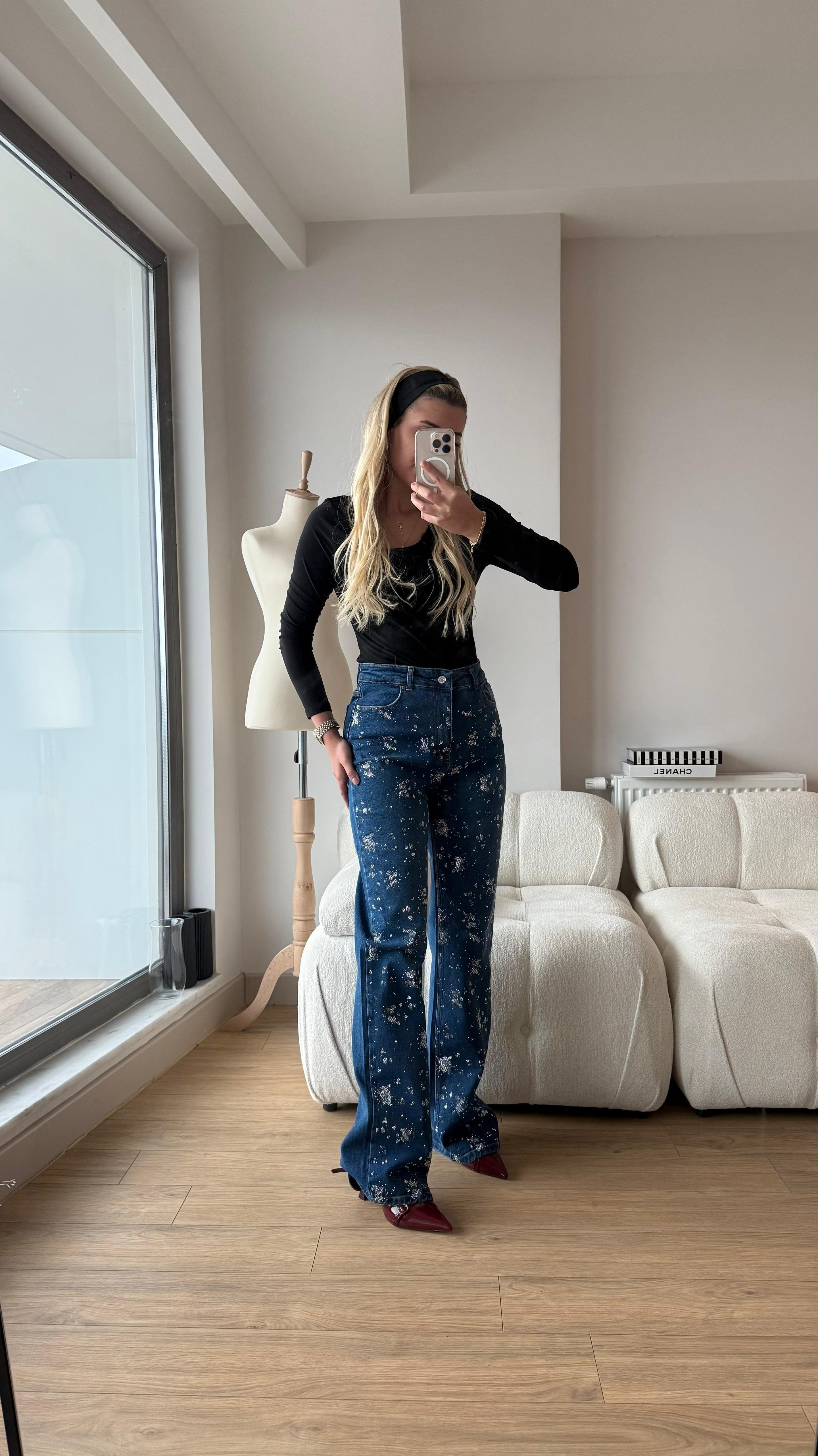 Taşlı jeans koyu mavi