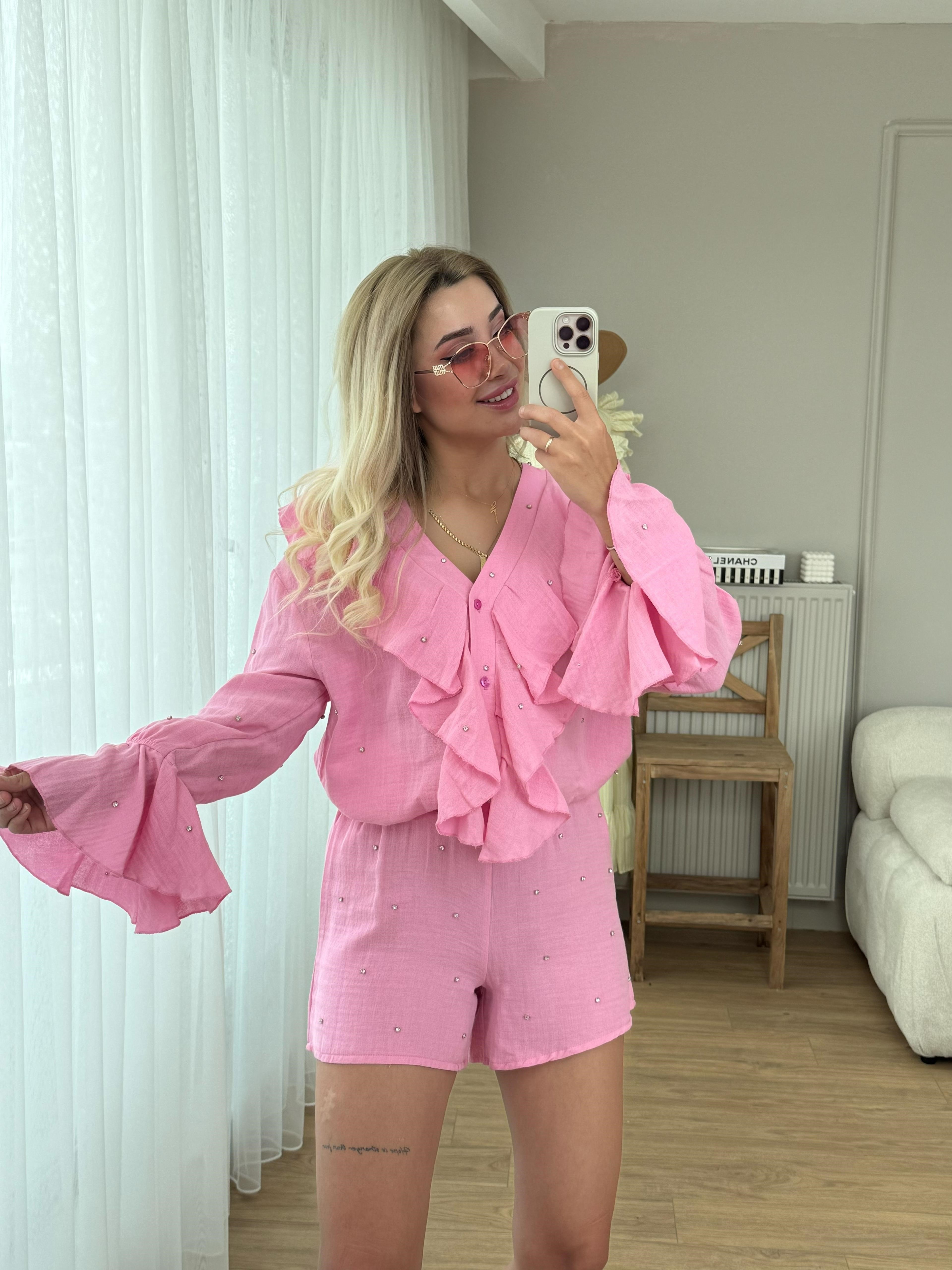 Taşlı müslin takım pembe