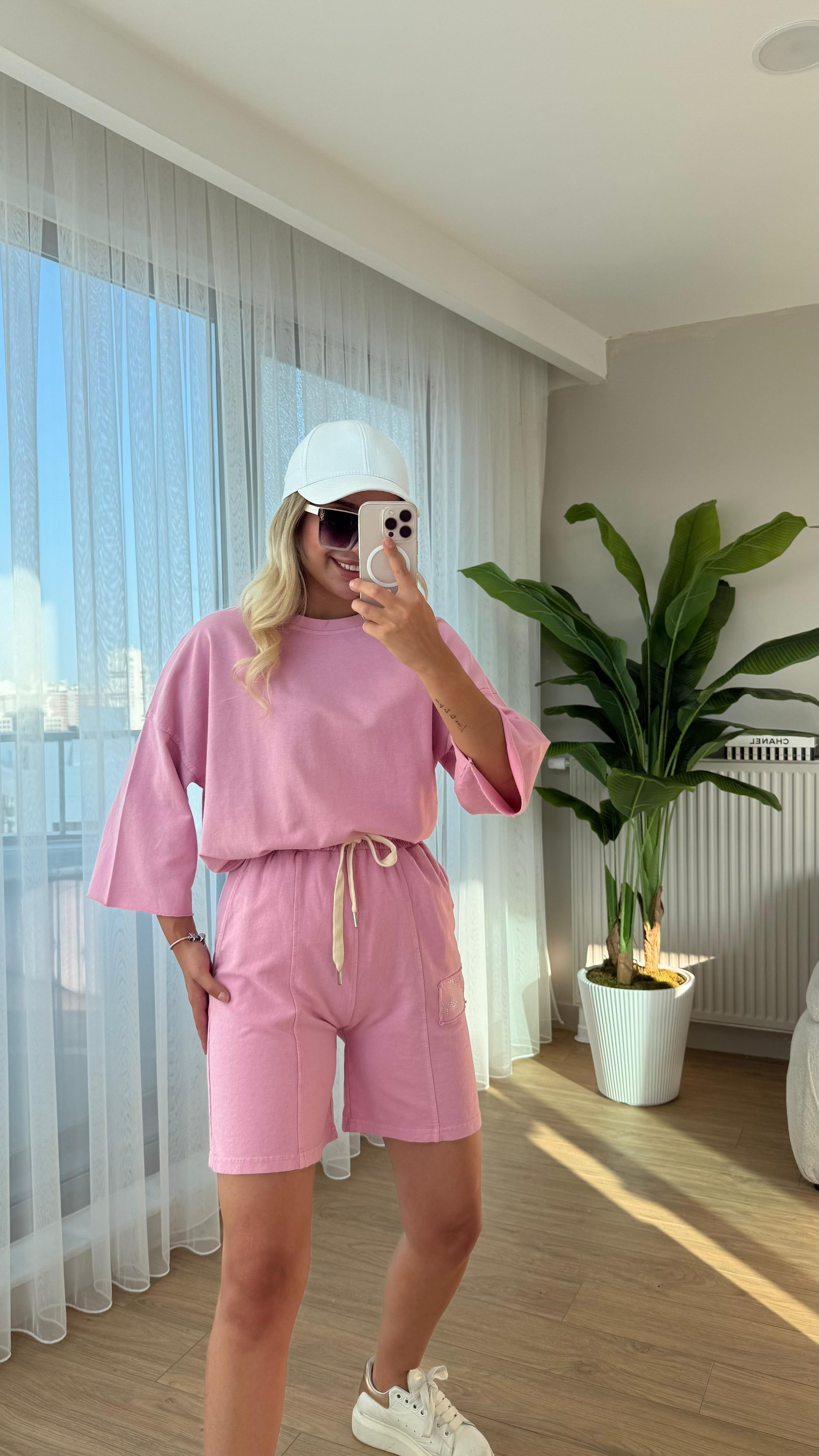 Taşlı şort takım pembe