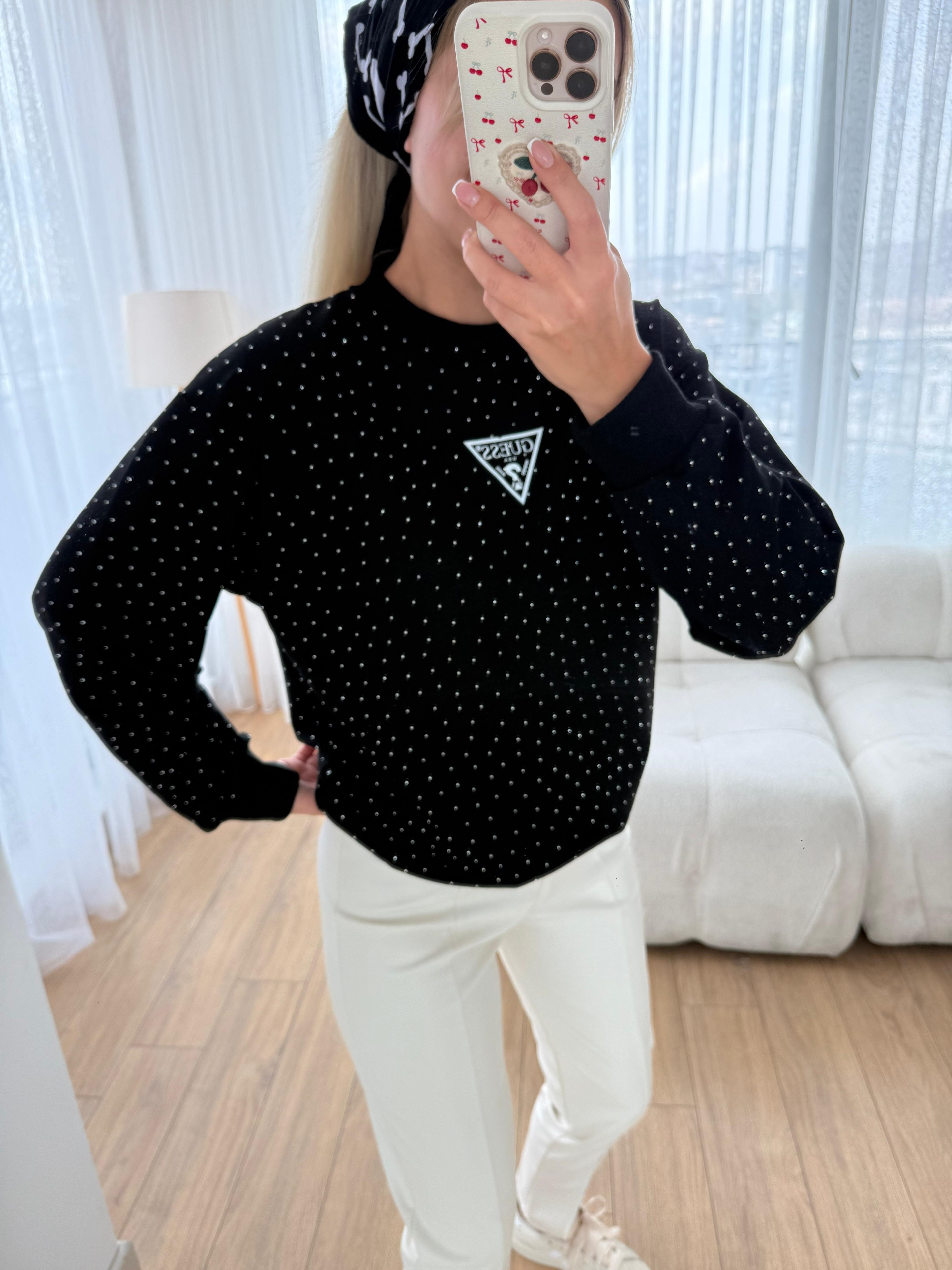 Taşlı sweat siyah
