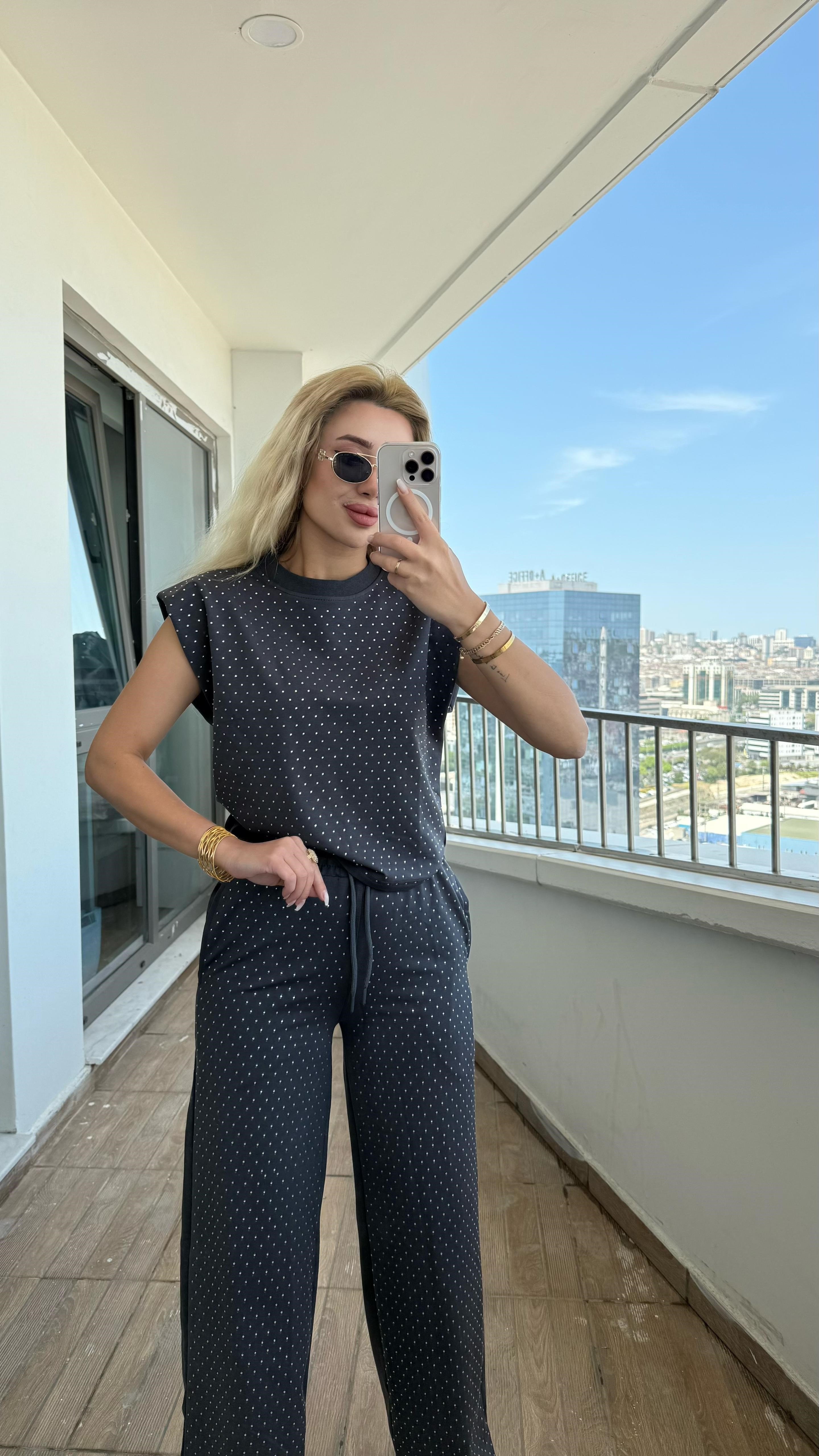 Taşlı tasarım takım antrasit