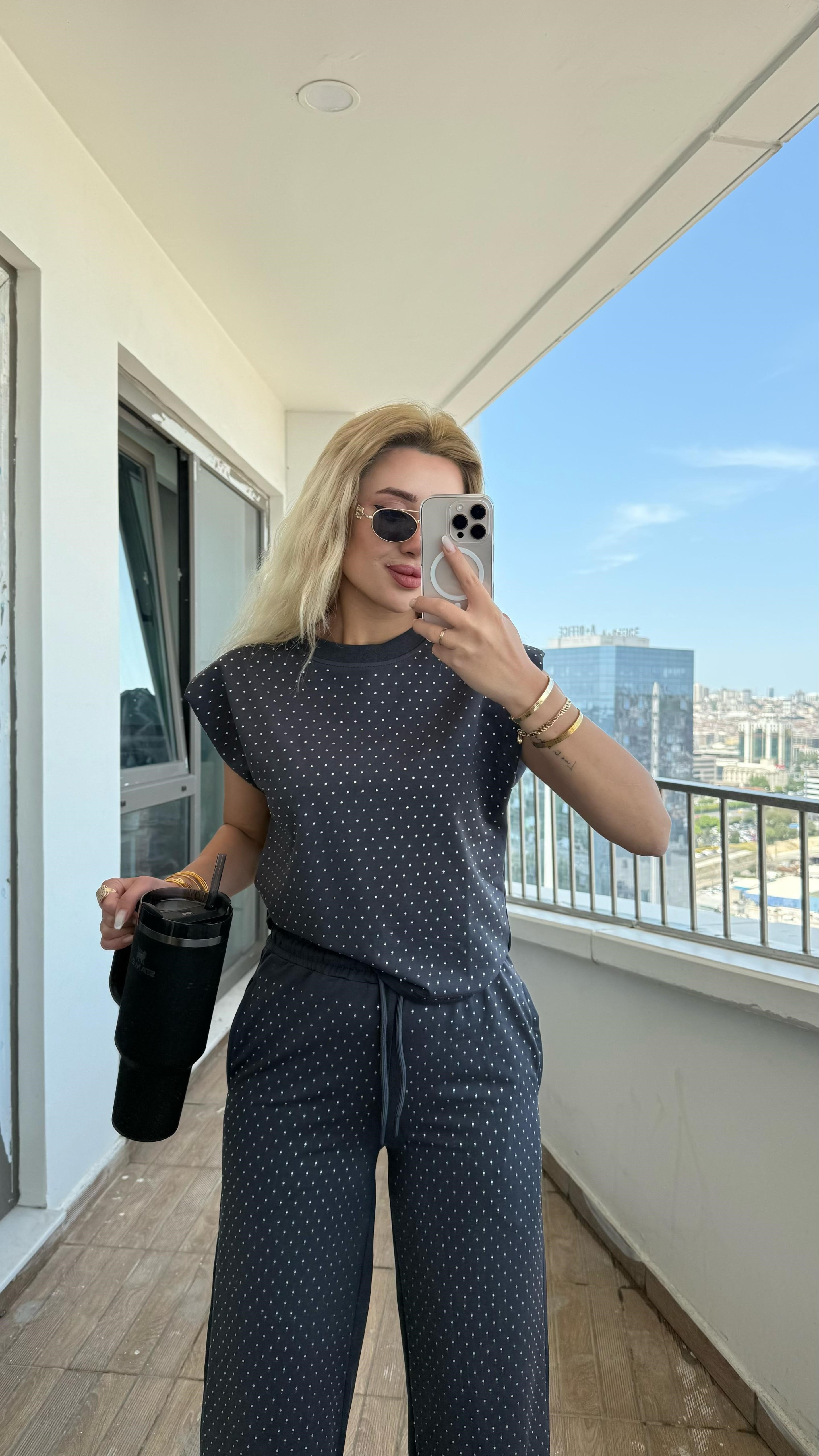 Taşlı tasarım takım antrasit