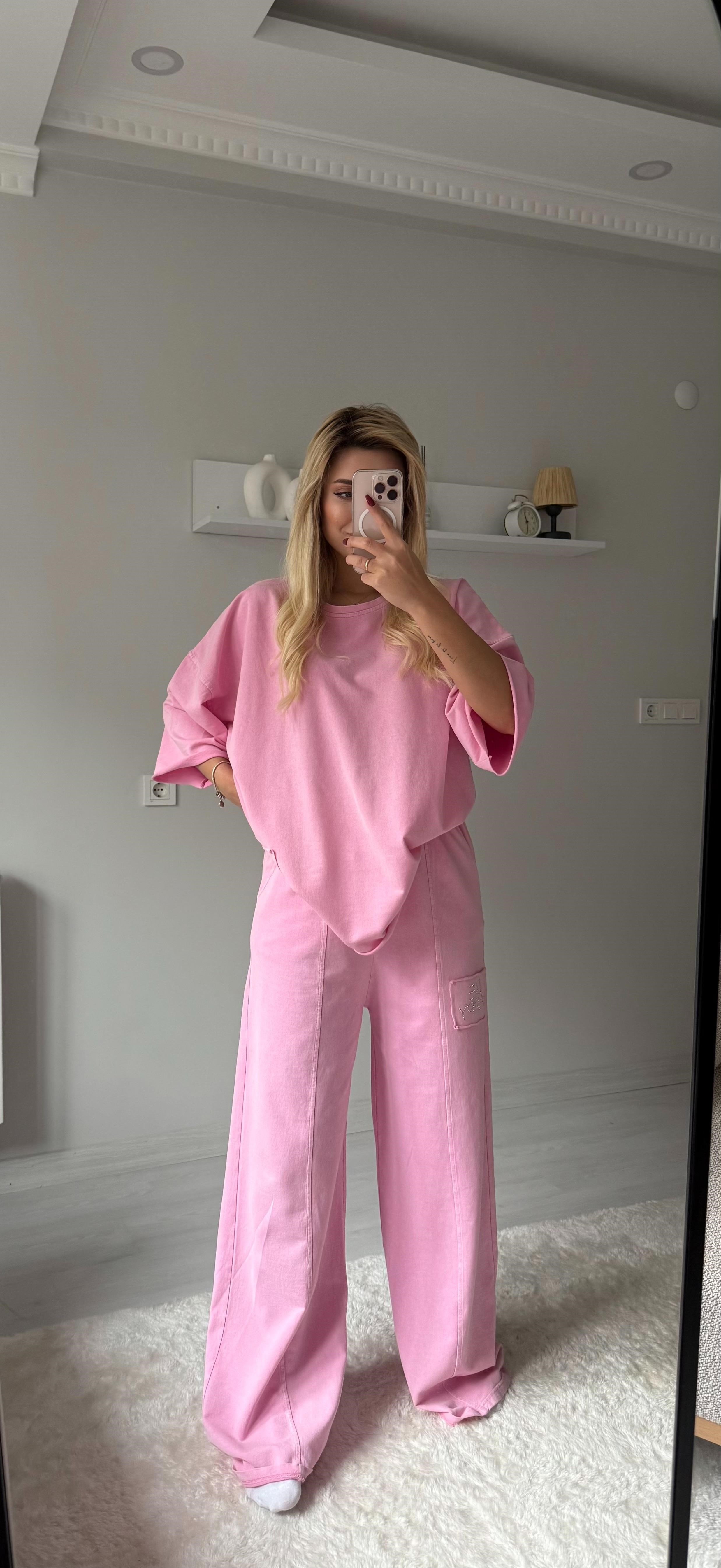 Taşlı yıkama takım pembe
