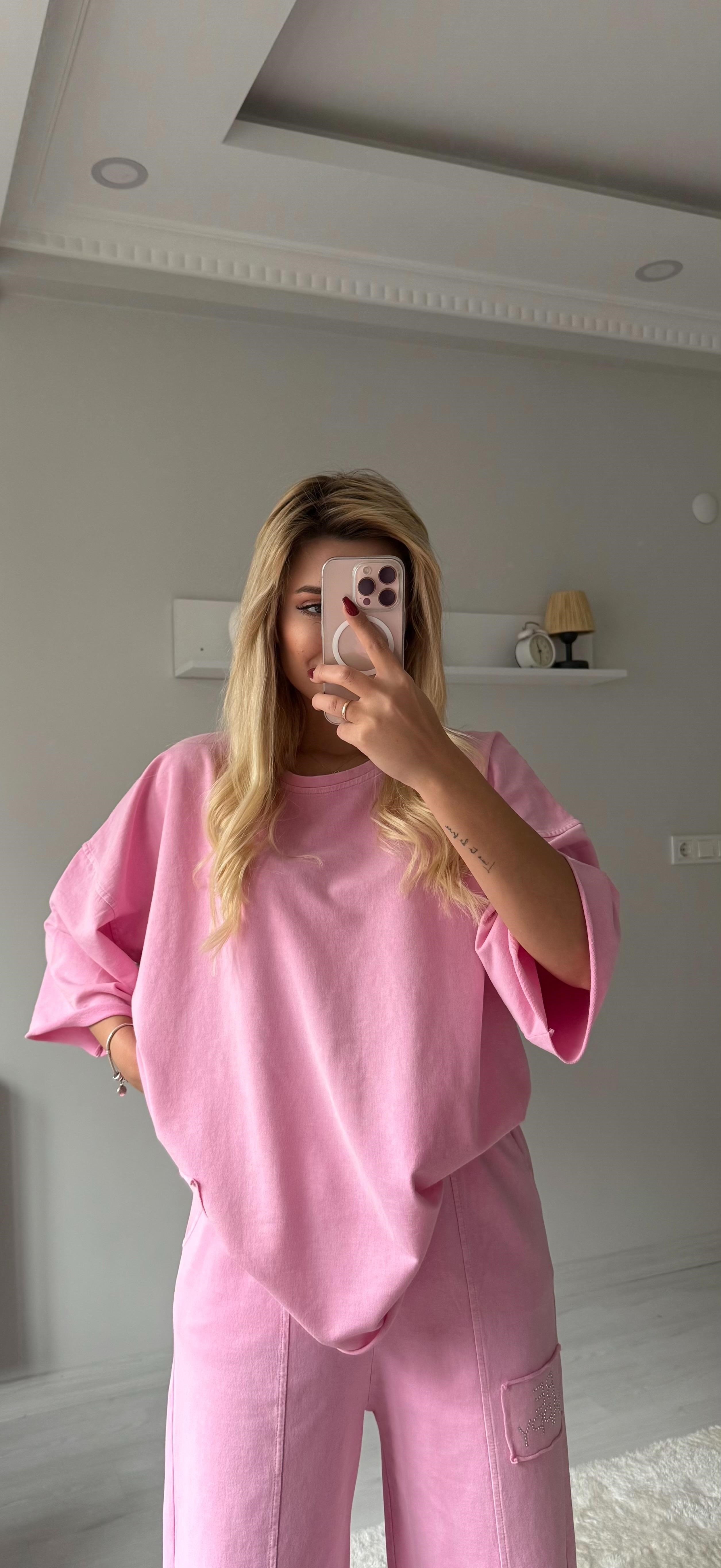 Taşlı yıkama takım pembe