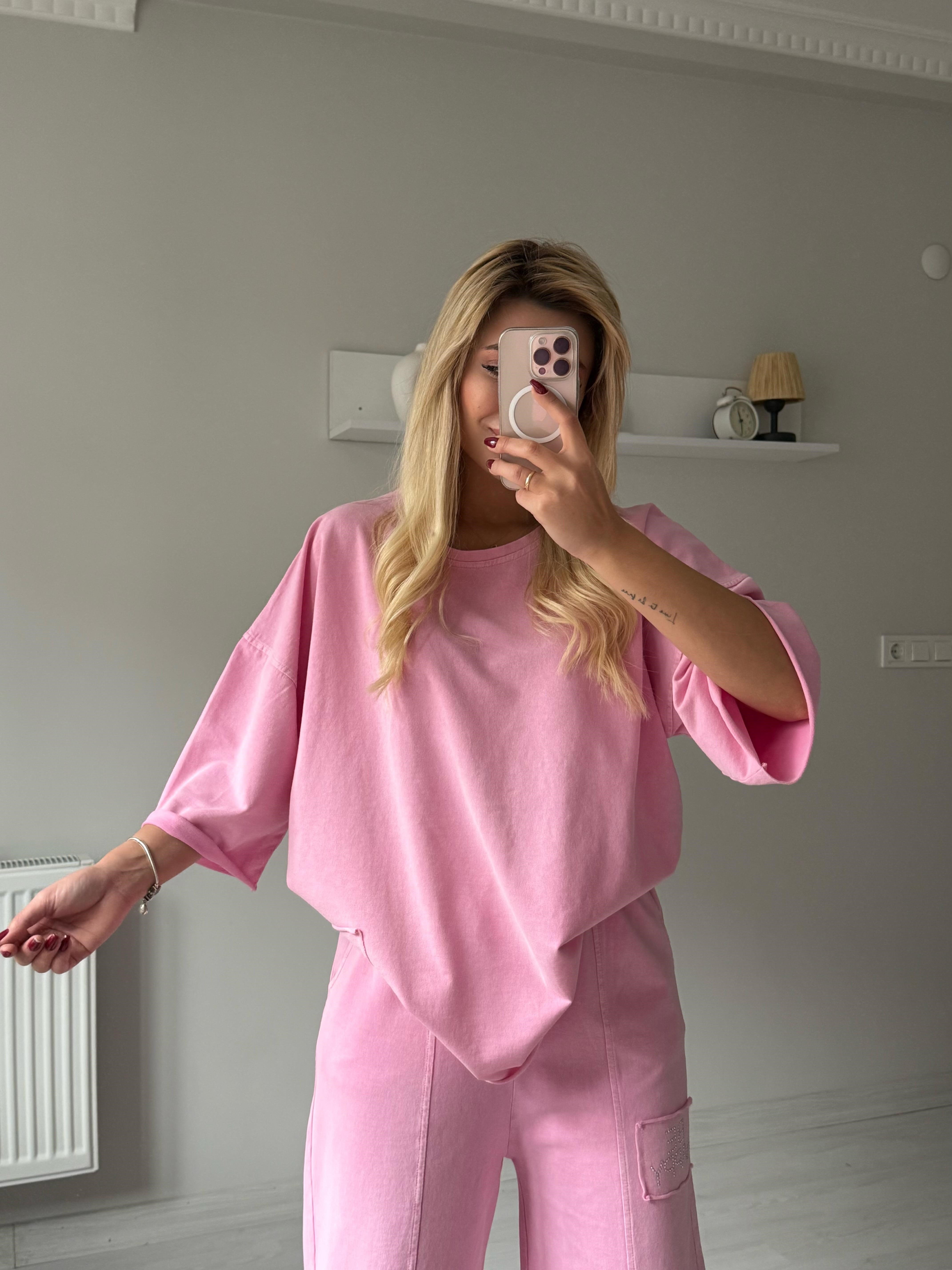 Taşlı yıkama takım pembe