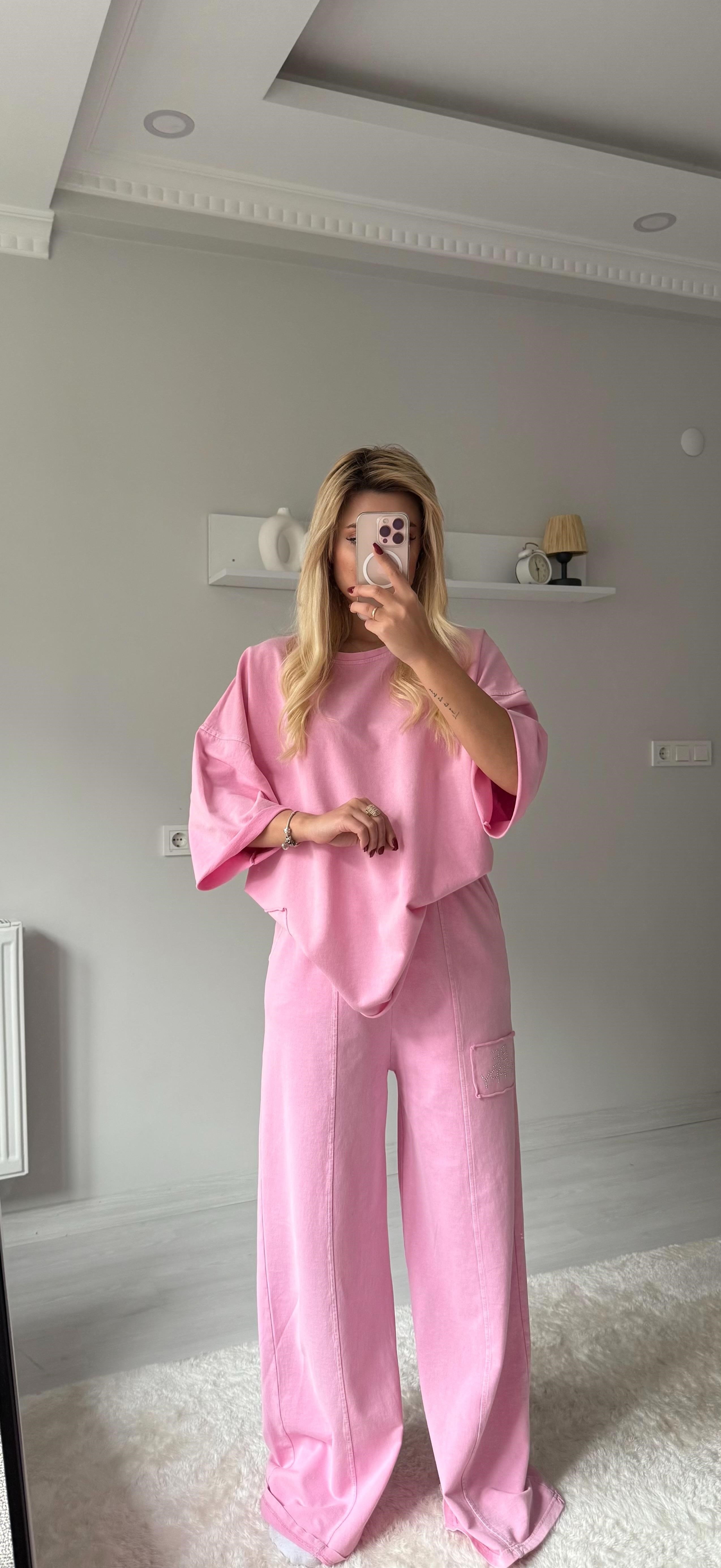 Taşlı yıkama takım pembe