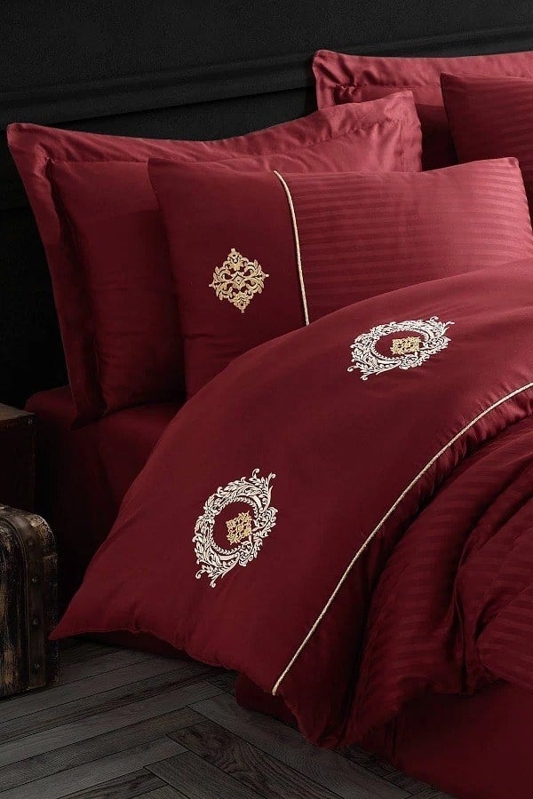 Elegant Nakışlı Pamuk Saten Çift Kişilik Nevresim Takımı Olimpos Bordo