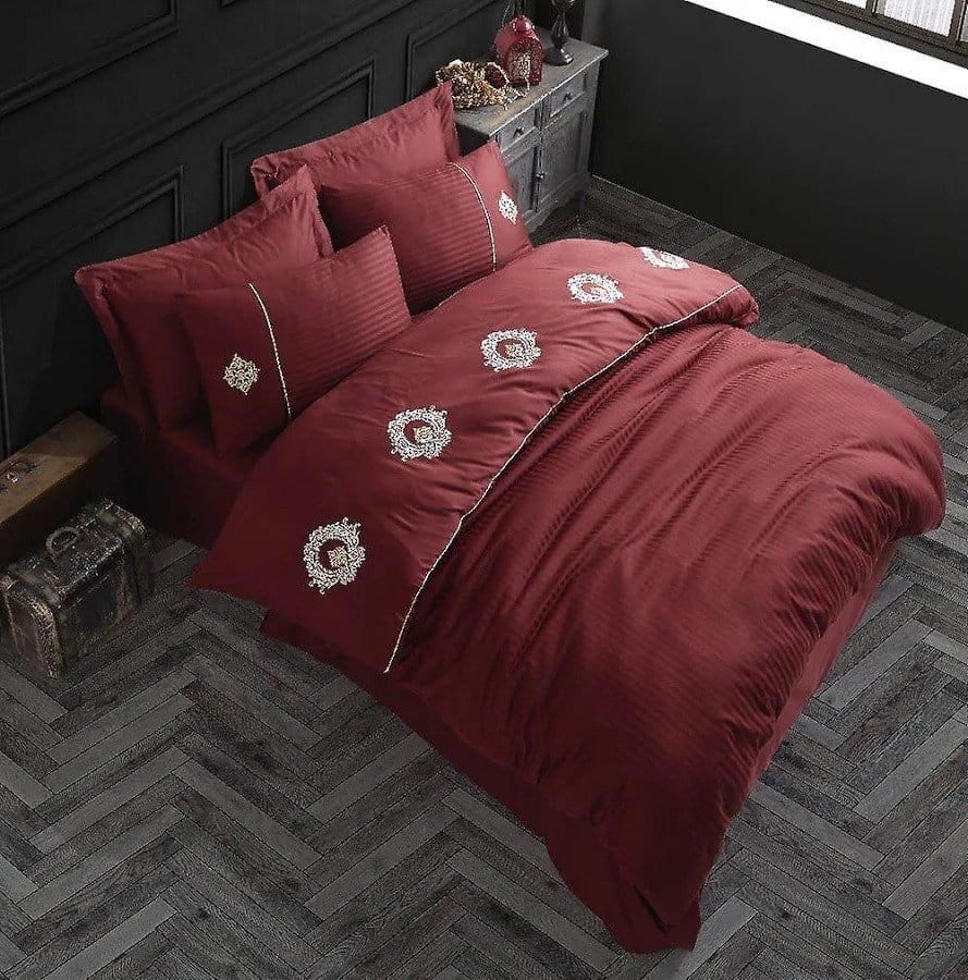 Elegant Nakışlı Pamuk Saten Çift Kişilik Nevresim Takımı Olimpos Bordo