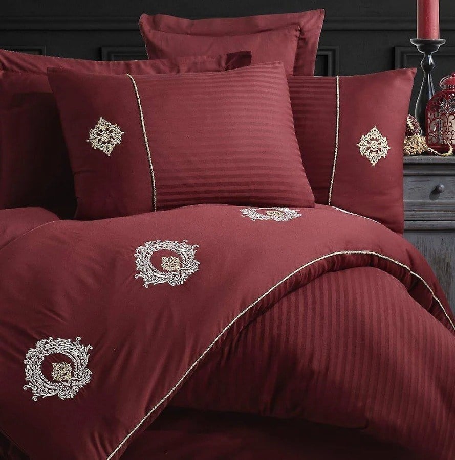 Elegant Nakışlı Pamuk Saten Çift Kişilik Nevresim Takımı Olimpos Bordo