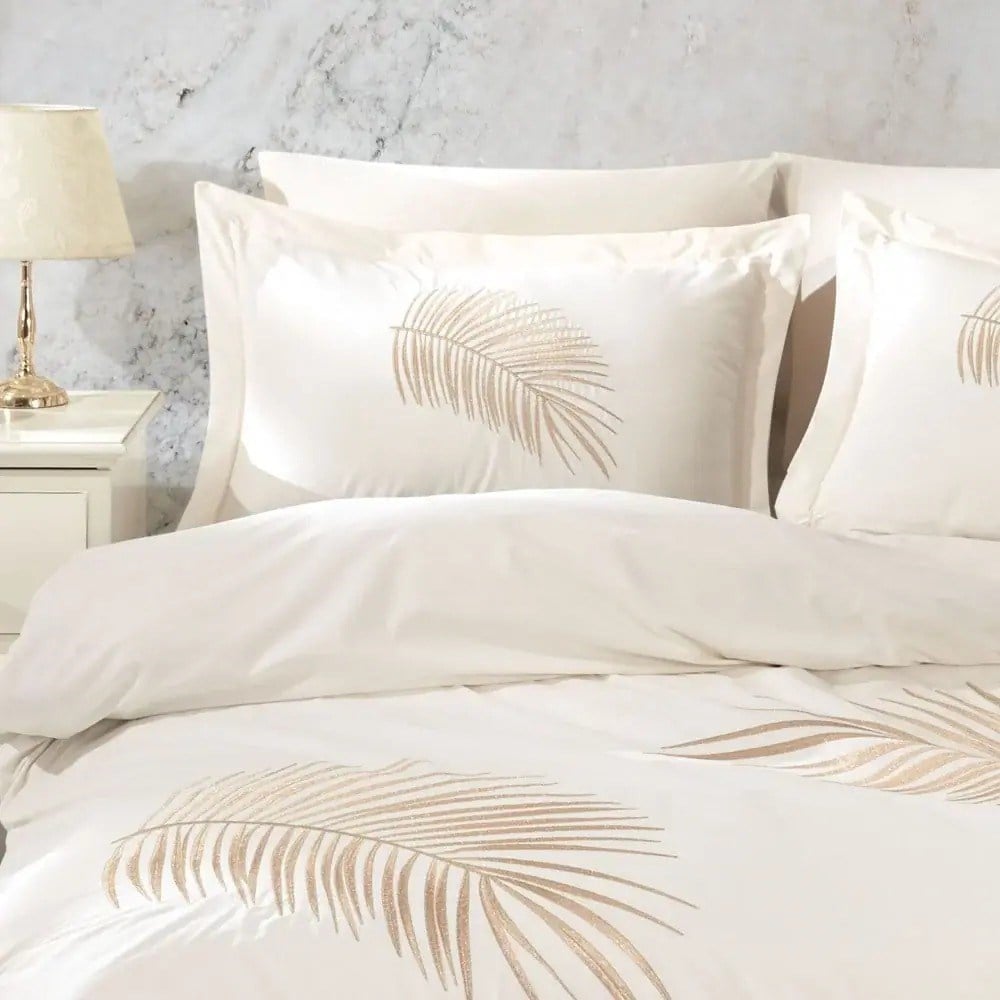 Premium Silvana Krem - Poplin Çift Kişilik Nakışlı Nevresim Takımı