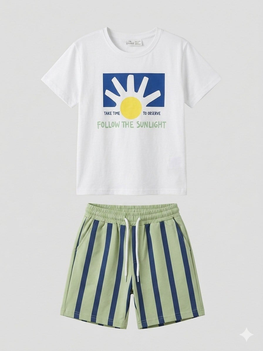 Beyaz Güneşli Tshirt-Çizgili Şort Takım