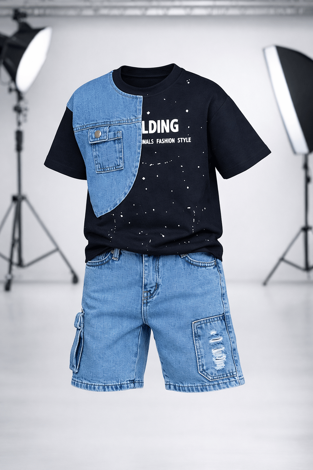 Erkek Çocuk Kot Detaylı Tshirt-Kot Şort Takım