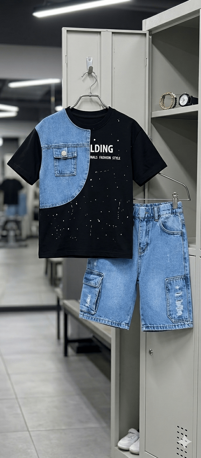Erkek Çocuk Kot Detaylı Tshirt-Kot Şort Takım