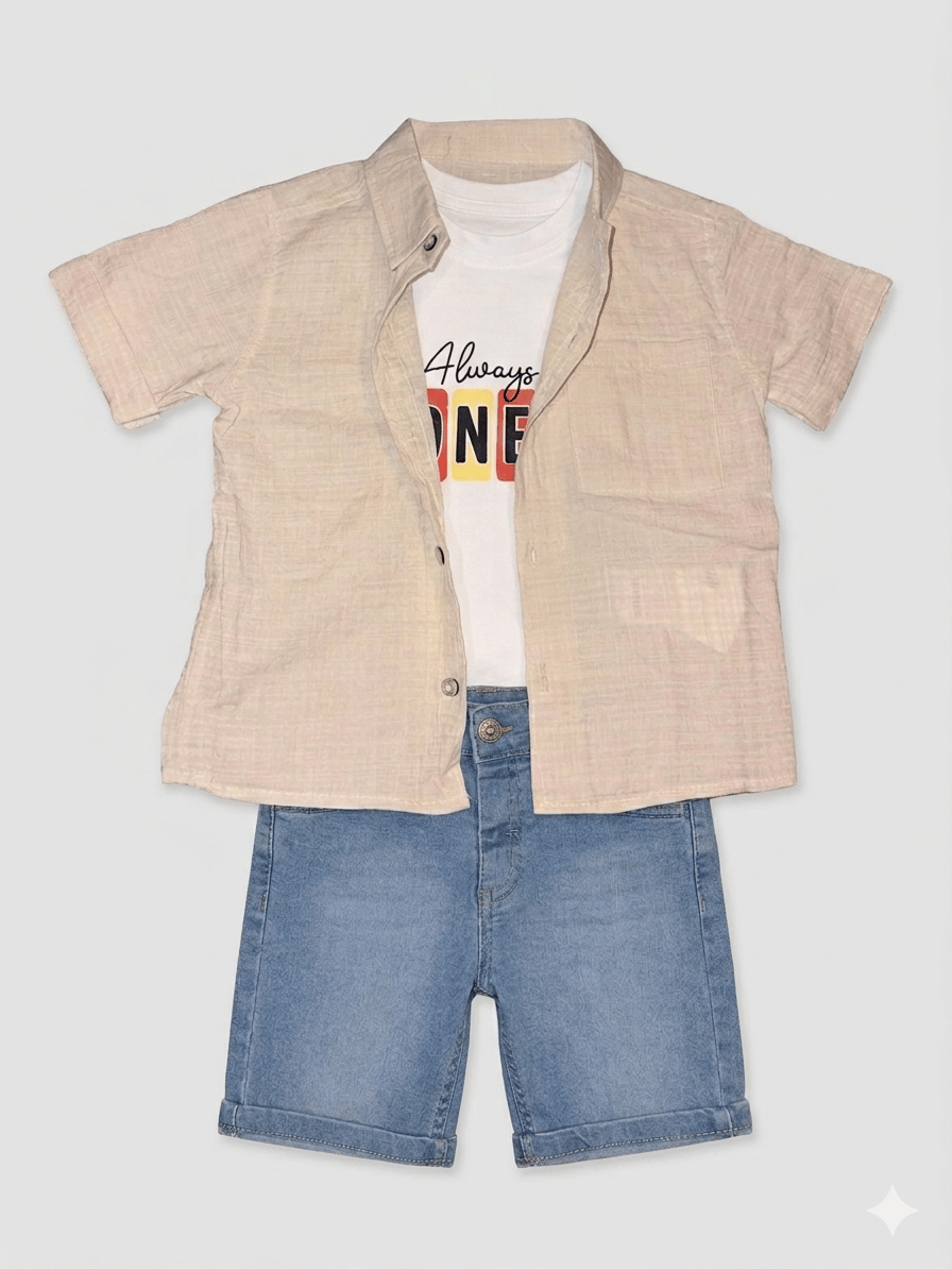 Erkek Çocuk Müslin Gömlek-Tshirt-Şort Takım