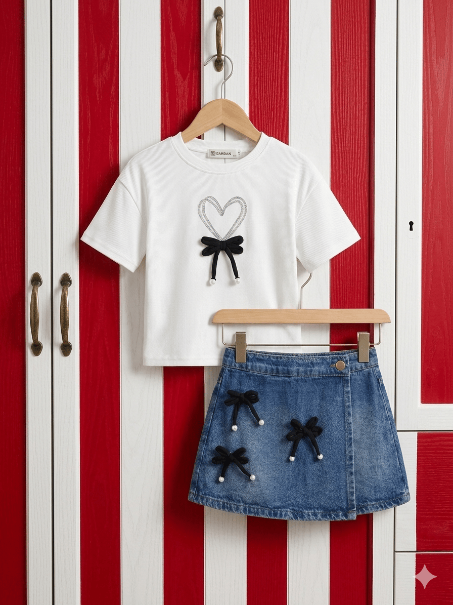 Fiyonk Detaylı Kalpli Tshirt-Kot Şort Etek Takım