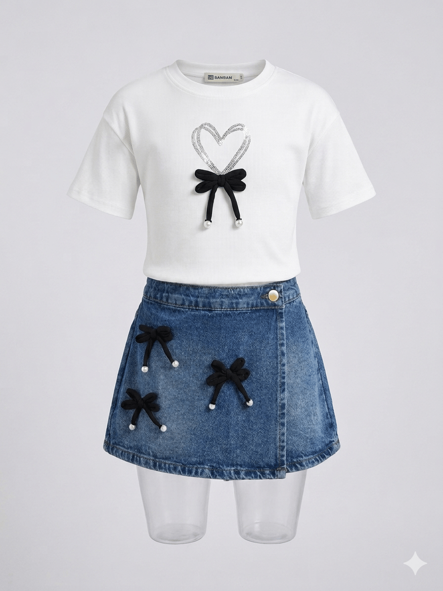 Fiyonk Detaylı Kalpli Tshirt-Kot Şort Etek Takım