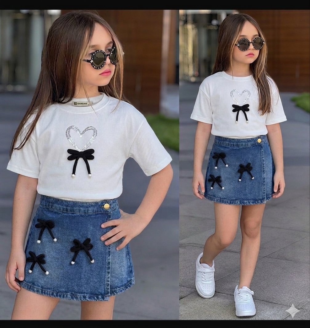 Fiyonk Detaylı Kalpli Tshirt-Kot Şort Etek Takım