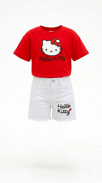 Hello Kitty Kırmızı Tshirt-Beyaz Kot Şort Takım