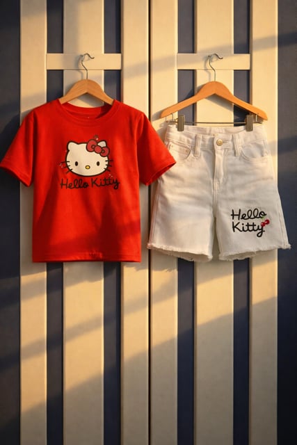 Hello Kitty Kırmızı Tshirt-Beyaz Kot Şort Takım