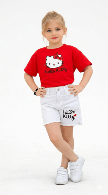 Hello Kitty Kırmızı Tshirt-Beyaz Kot Şort Takım