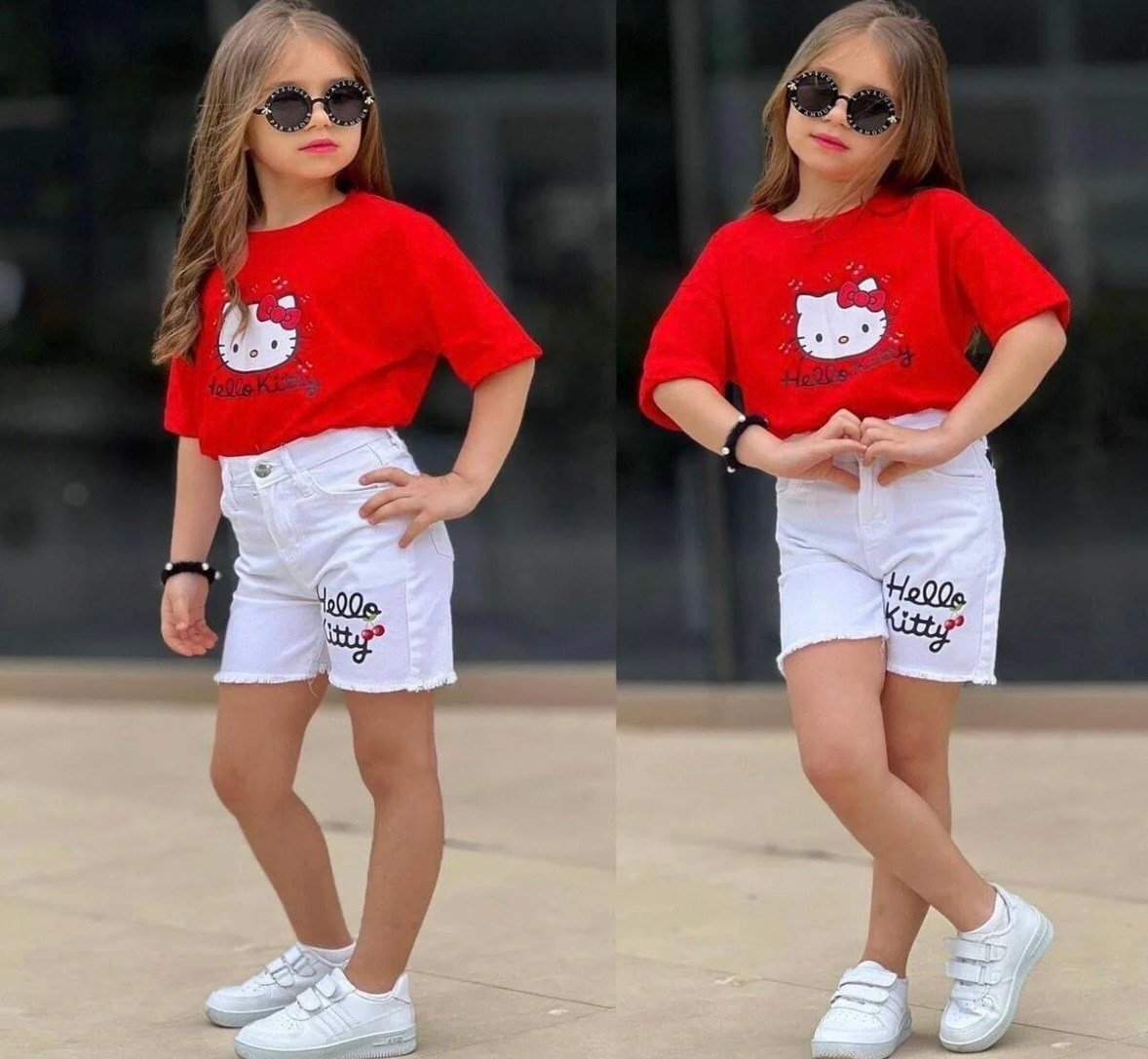 Hello Kitty Kırmızı Tshirt-Beyaz Kot Şort Takım