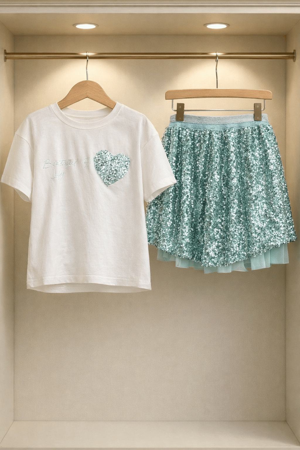 Kız Çocuk Beyaz Tshirt-Yeşil Pullu Etek Takım