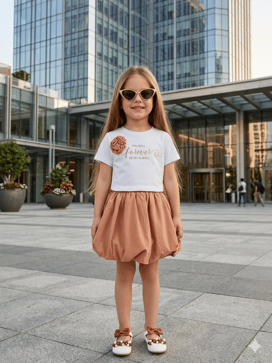 Kız Çocuk Kahverengi Gül Detaylı Tshirt-Balon Etek Takım